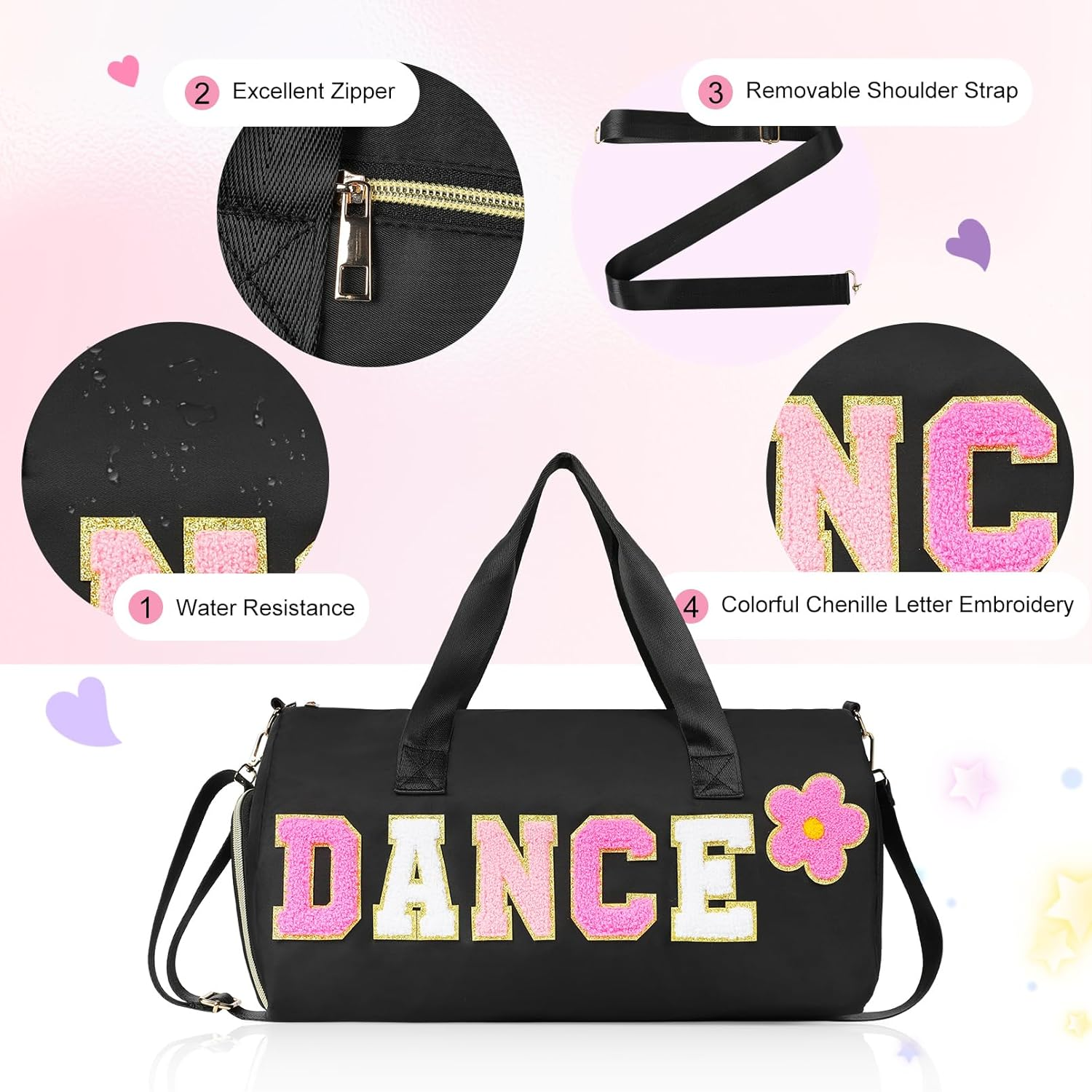 Dance Bag for Girls KUIRAN Small Gym Bag for Women Duffel Bag Weekender Duffel Bag 23L Capacity Workout Chenille Letter Bag for Dancers, Girls, Teens, Student Athletes, Black/Shoe Compartment, 15"Lx10