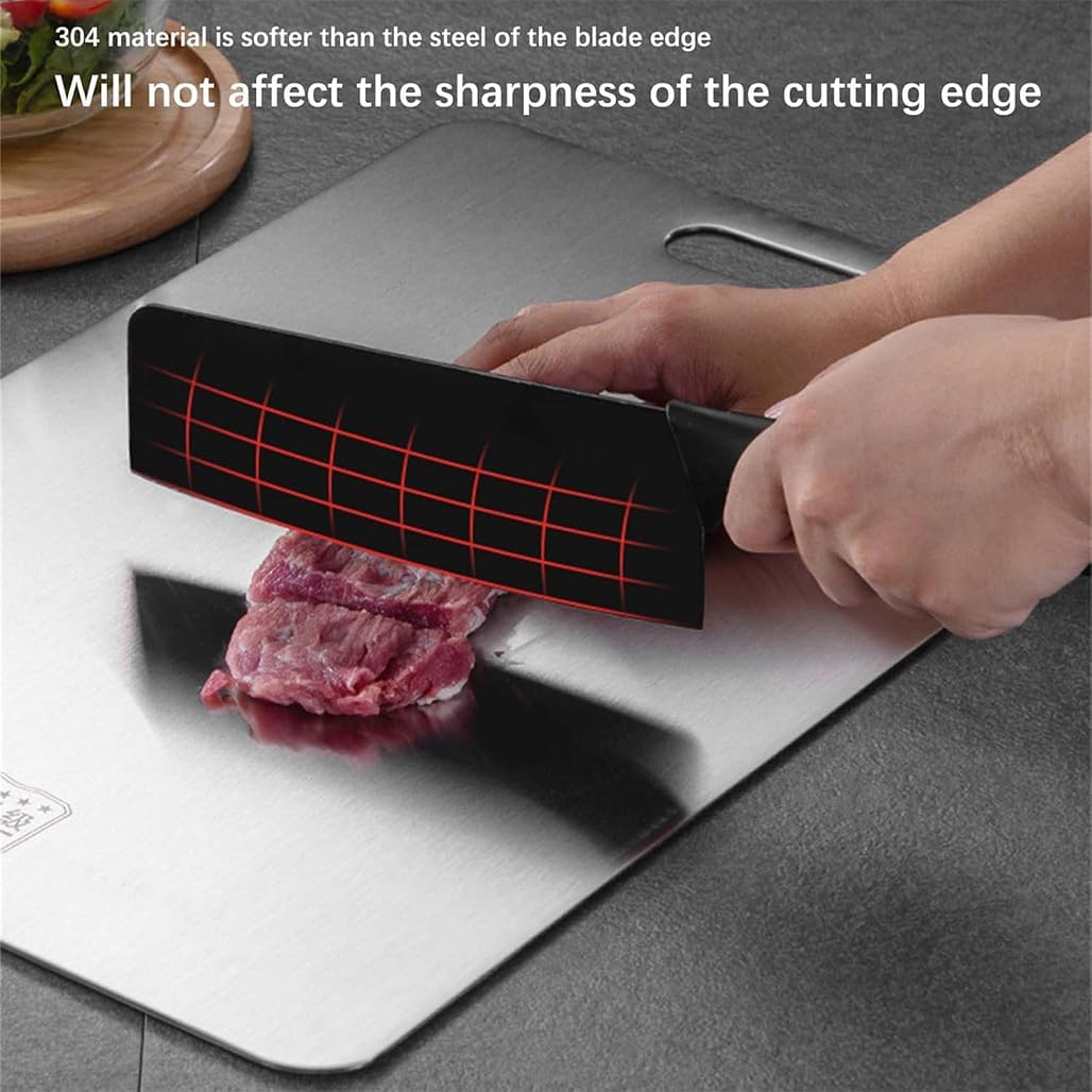 Goodern Titanium Cutting Board,Stainless Steel Double Sided Food-Grade Worktop Chopping Board with Hanging Hole,Non Stick Heavy Duty Metal Cutting Mat for Meat Vegetable Fruit Kitchen Home-L(28*39Cm) image number 6