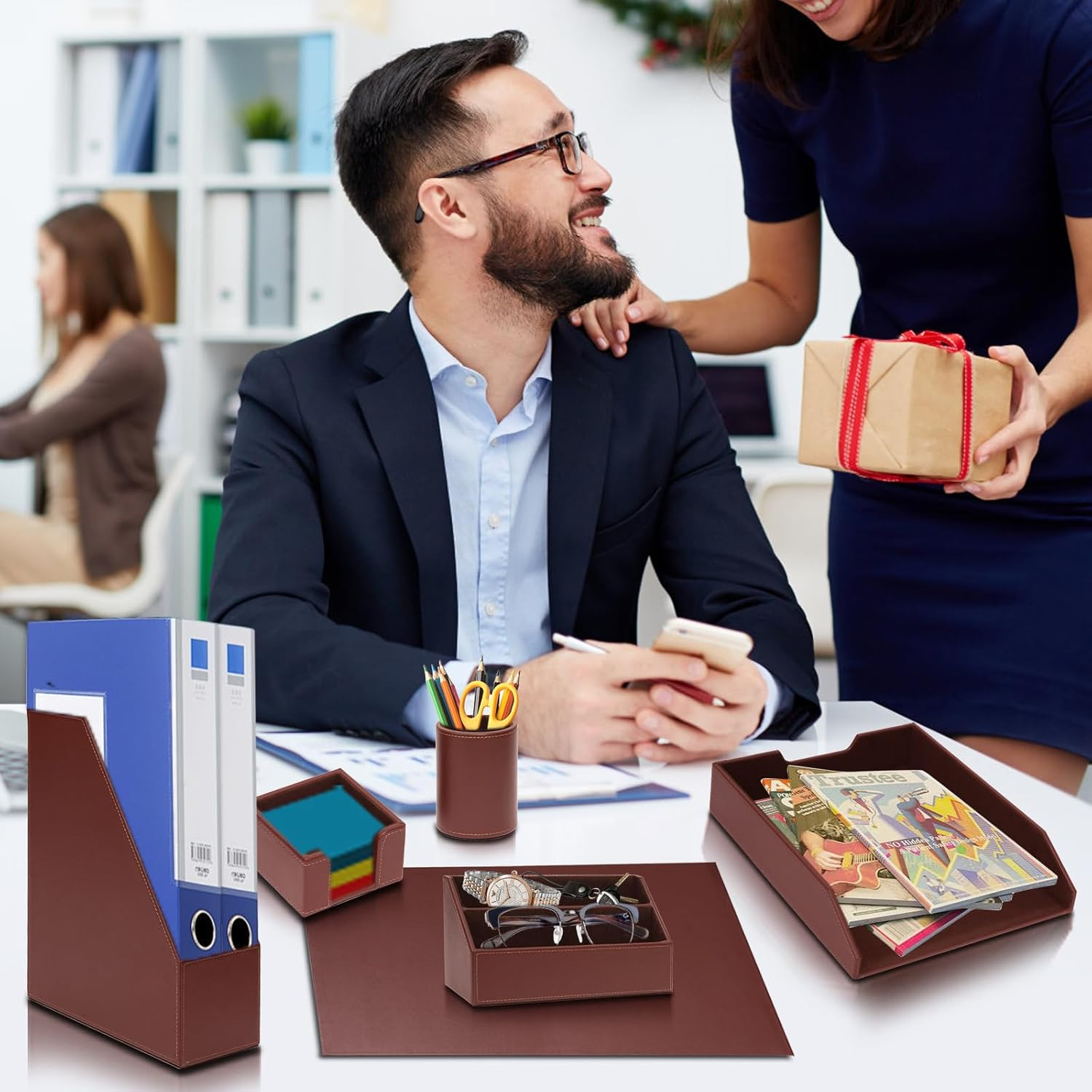 XNONE Office Supplies PU Leather 6-Piece Desk Organizer with Writing Pad, Letter Tray, File Folder Sorter, Pen Cup, Note Holder, Business Card Holder - Brown - Black image number 4