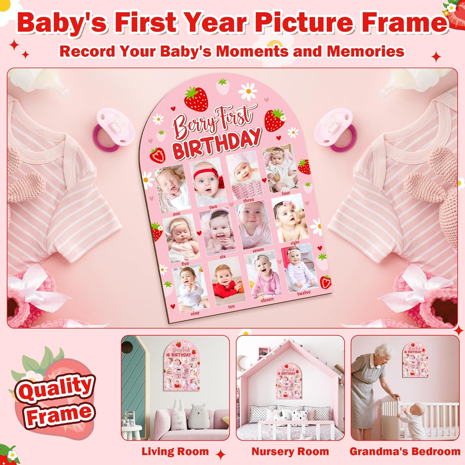R HORSE 3D Berry First Birthday Wood Photo Display Board, Pink Strawberry Baby'S First Year Picture Frame, 1-12 Months Milestone Board Birthday Decorations Keepsake Gift for Baby Girls Nursery Decor image number 3