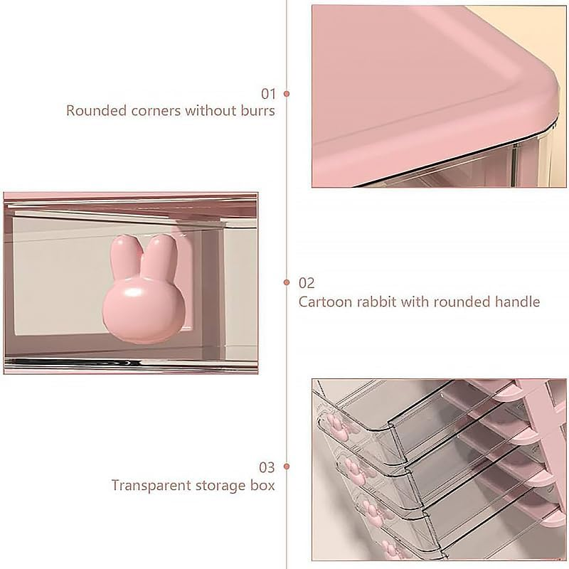 AIMALL Bunny Desktop Storage Box &ndash; Transparent Drawer Organizer for Students and Cosmetics, 3-Tier Plastic Finishing Box, 6.69 X 5.28 X 6.3 Inches, Pink/White image number 4
