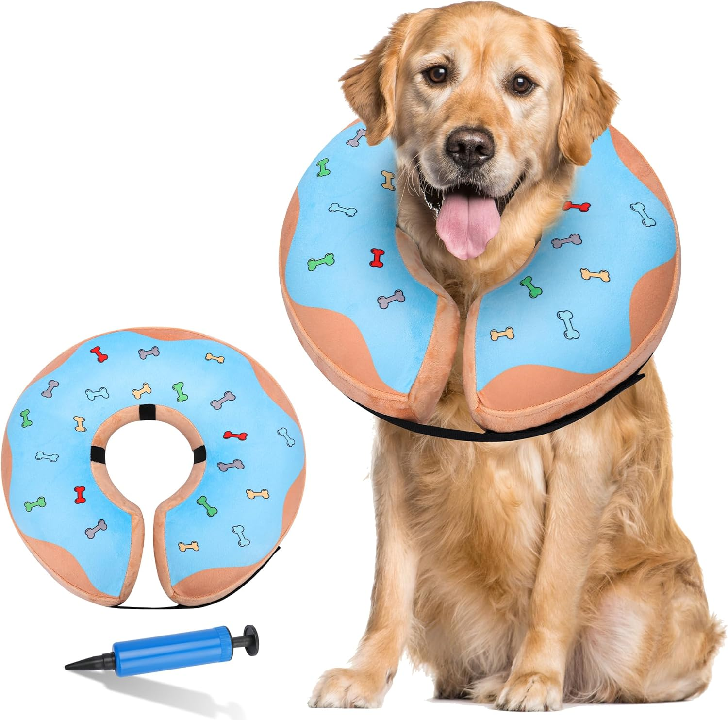 Inflatable Recovery Dog Cone, Protection Dount Collar for Small Medium Large Dogs, Adjustable Soft E-Collar for Dogs and Cats after Surgery, Cute Dog Bone Pattern (Blue, Medium-Plus) image number 6