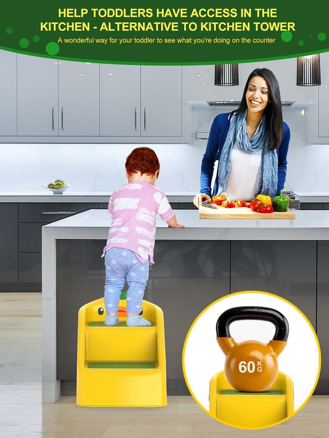 Toddler Step Stool for Kids Bathroom Sink Grey & White | Foldable 2 Step Stool for Kids 1-4 Years Old | Dual Height 11" Child Kitchen Helper with Handles - Easy to Move, Slip-Resistant (Yellow) image number 5