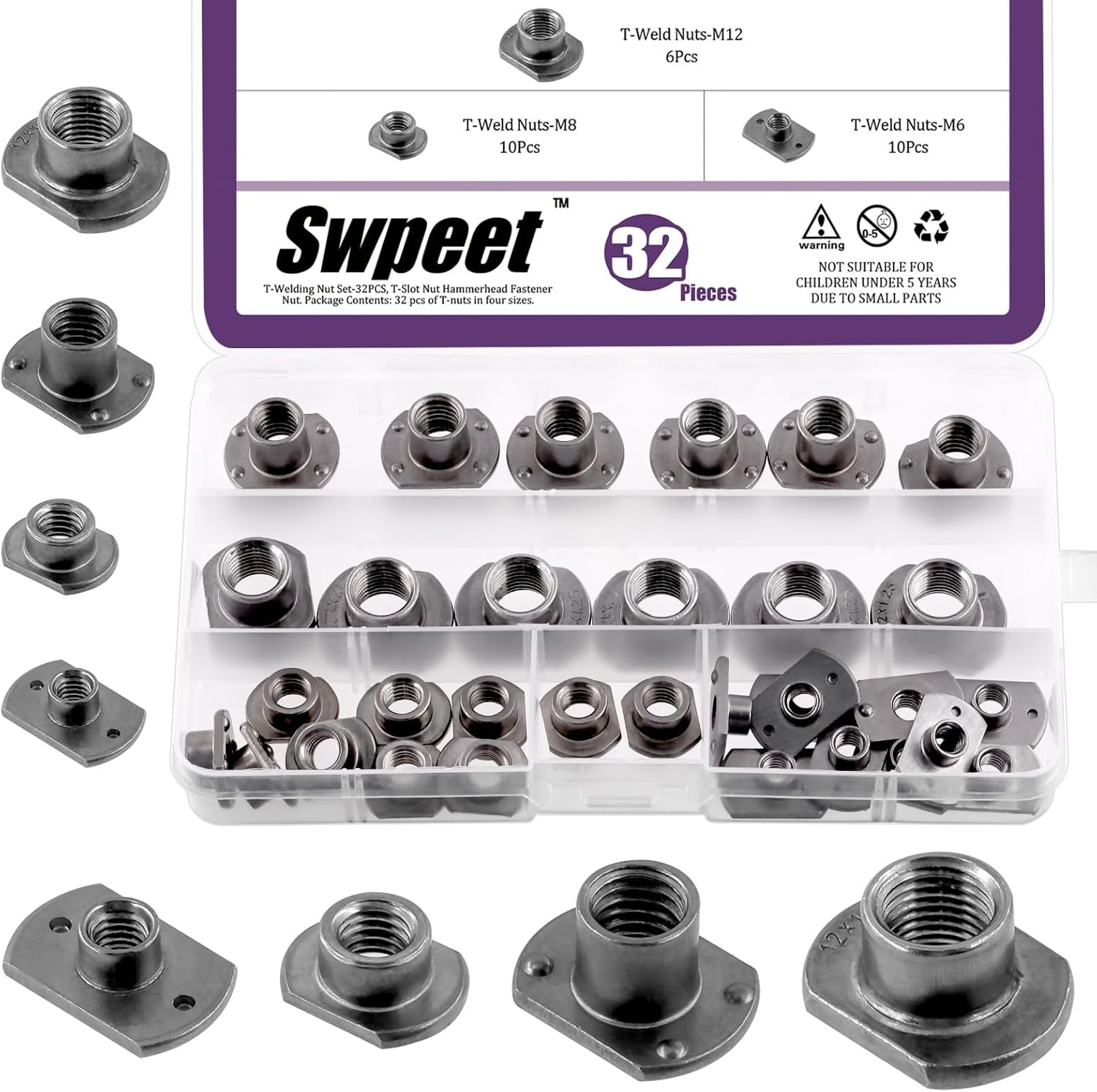 Swpeet 32Pcs M6 M8 M10 M12 Black T-Shaped Weld Nuts Kit, Tab Base UNC Carbon Steel Machine Screw, Welding Hood Fasteners Ideal for Furniture Vehicles Caster and Industry Machine image number 5