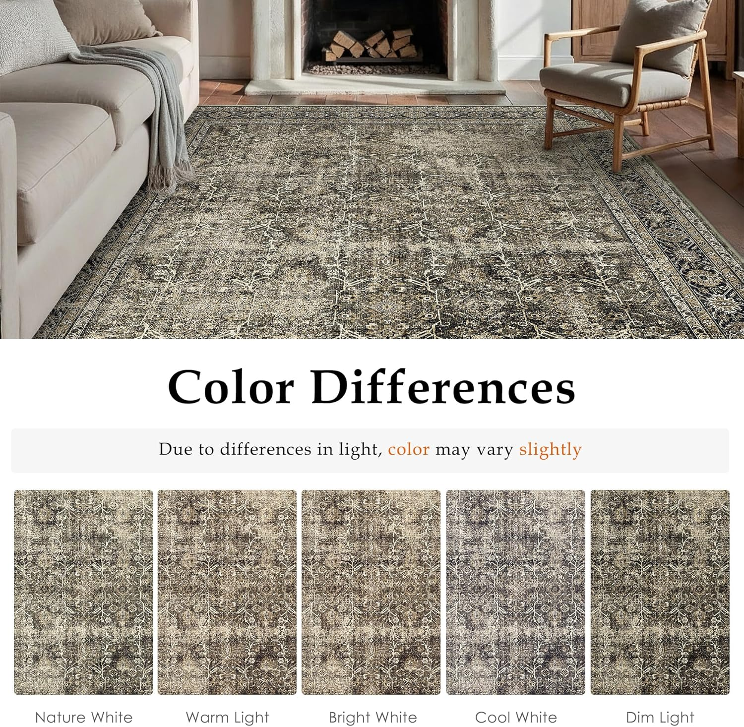 Purecozy Vintage Rugs for Living Room 160X230Cm Brown Office Washable Carpet Non Slip Bedroom Indoor Area Rug Low Pile Home Decor Retro Accent Rug for Dining Room Bathroom Kitchen image number 6