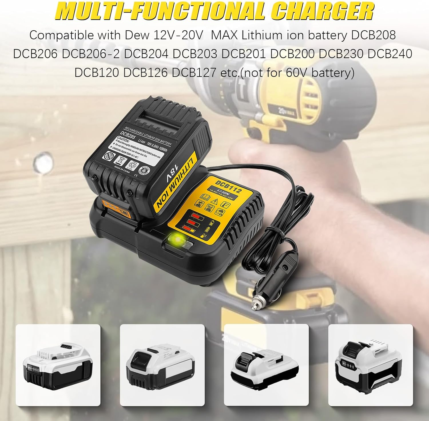 For De Walt 20V 12V 14.4V Charger,Dcb119 Car Battery Charger Compatible with 12V,14.4V 20V & 18V MAX Lithium Ion Battery DCB203 DCB206 DCB120 Cigarette Lighter Plug 3A Vehicle Charger