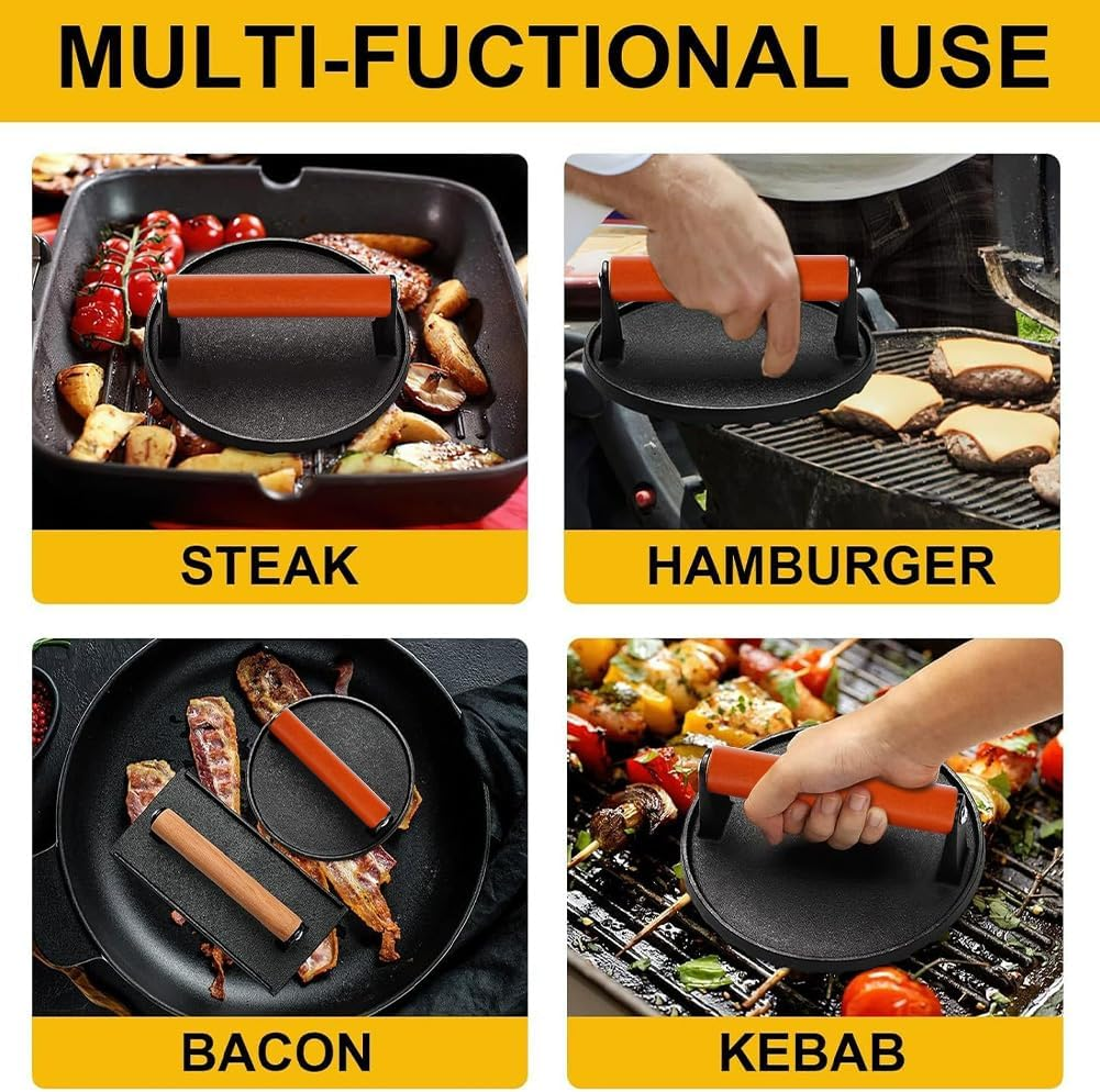 Meat Press and Burger Smasher with Black Wood Handle - Perfect for Griddle Cooking, Steak, and Sandwiches image number 1