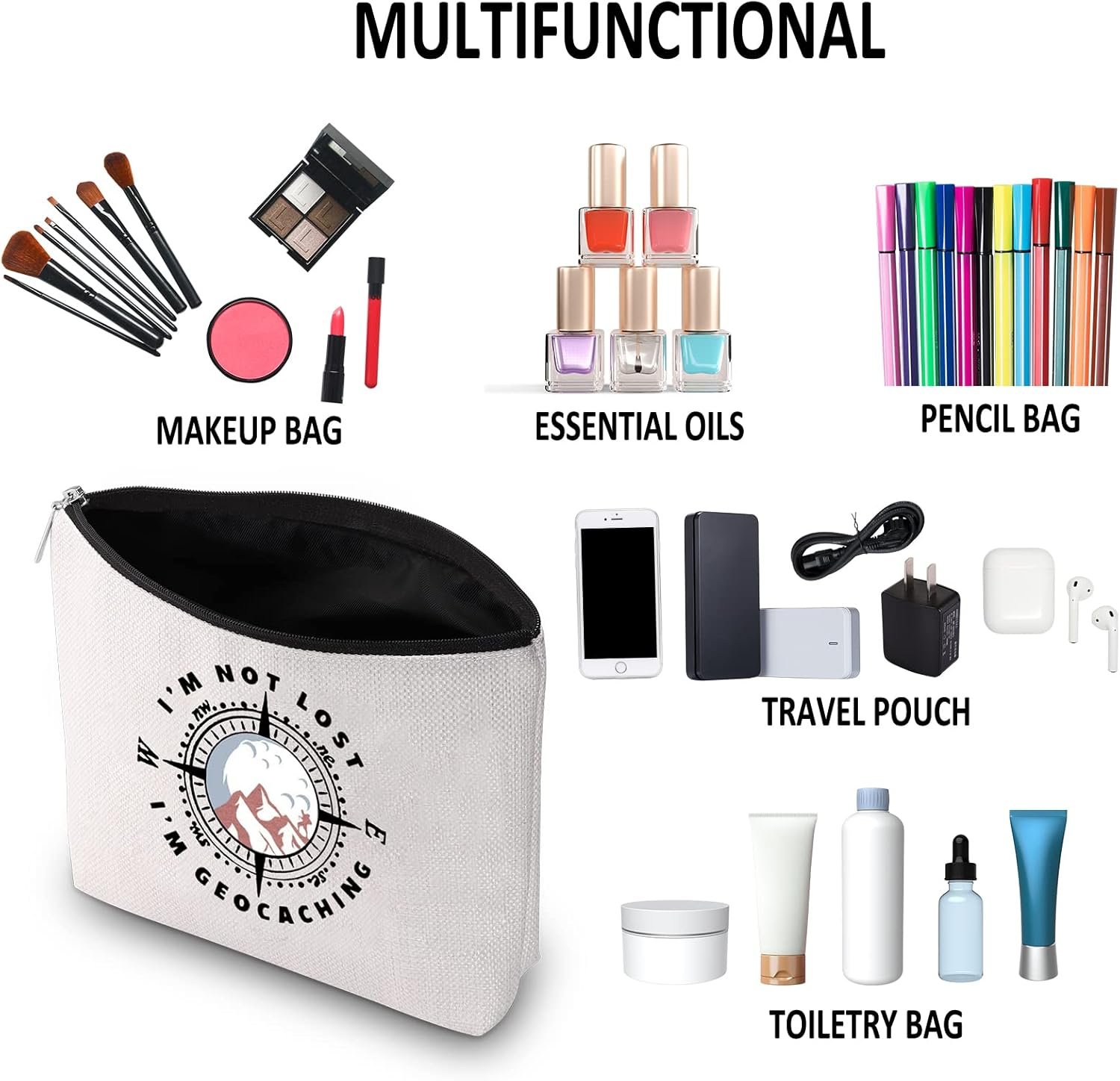G2TUP Geocacher Geocaching Gift Geocacher Makeup Bag I&rsquo;M Not Lost I&rsquo;M Geocaching Cosmetic Bag Treasure Hunter Gift Outdoor Lover Travel Bag with Zipper, Geocaching White Bag, image number 6