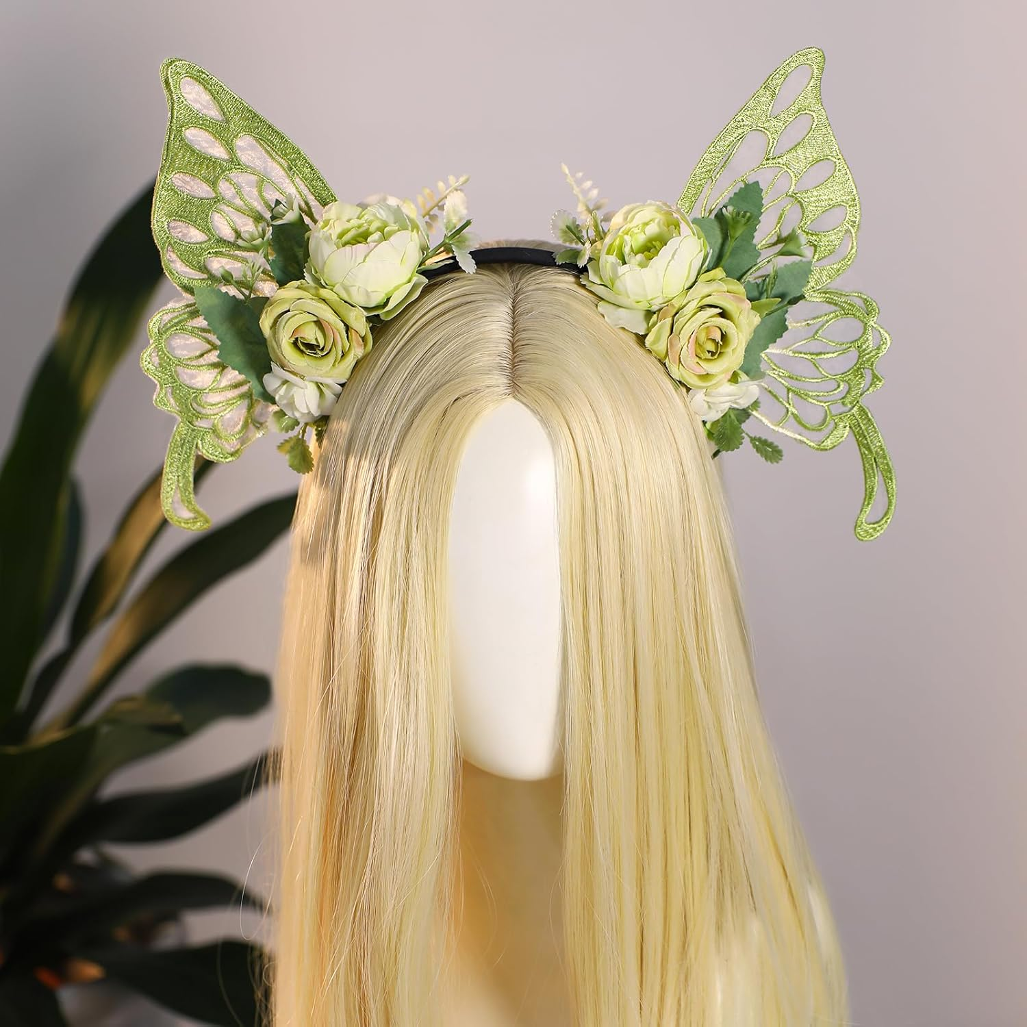 MOSTORY Green Fairy Butterfly Crown, Flower Butterfly Wings Headband for Women, Woodland Floral Headpiece for Fairy Costume Renaissance Renfaire Elf Cosplay Halloween image number 2