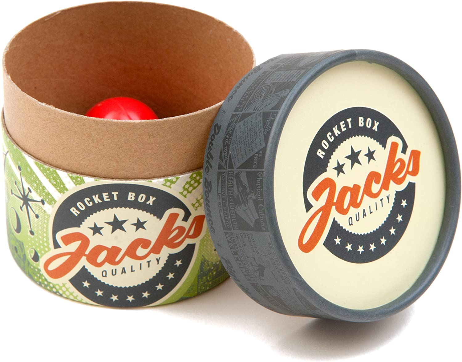 Rocket Box Jacks Game: Retro, New Vintage, Classic Game of Jacks, Gold and Silver Toned Jacks, Two Red Bouncy Balls and Set of Instructions, Fun for Kids and Adults of All Ages. image number 4