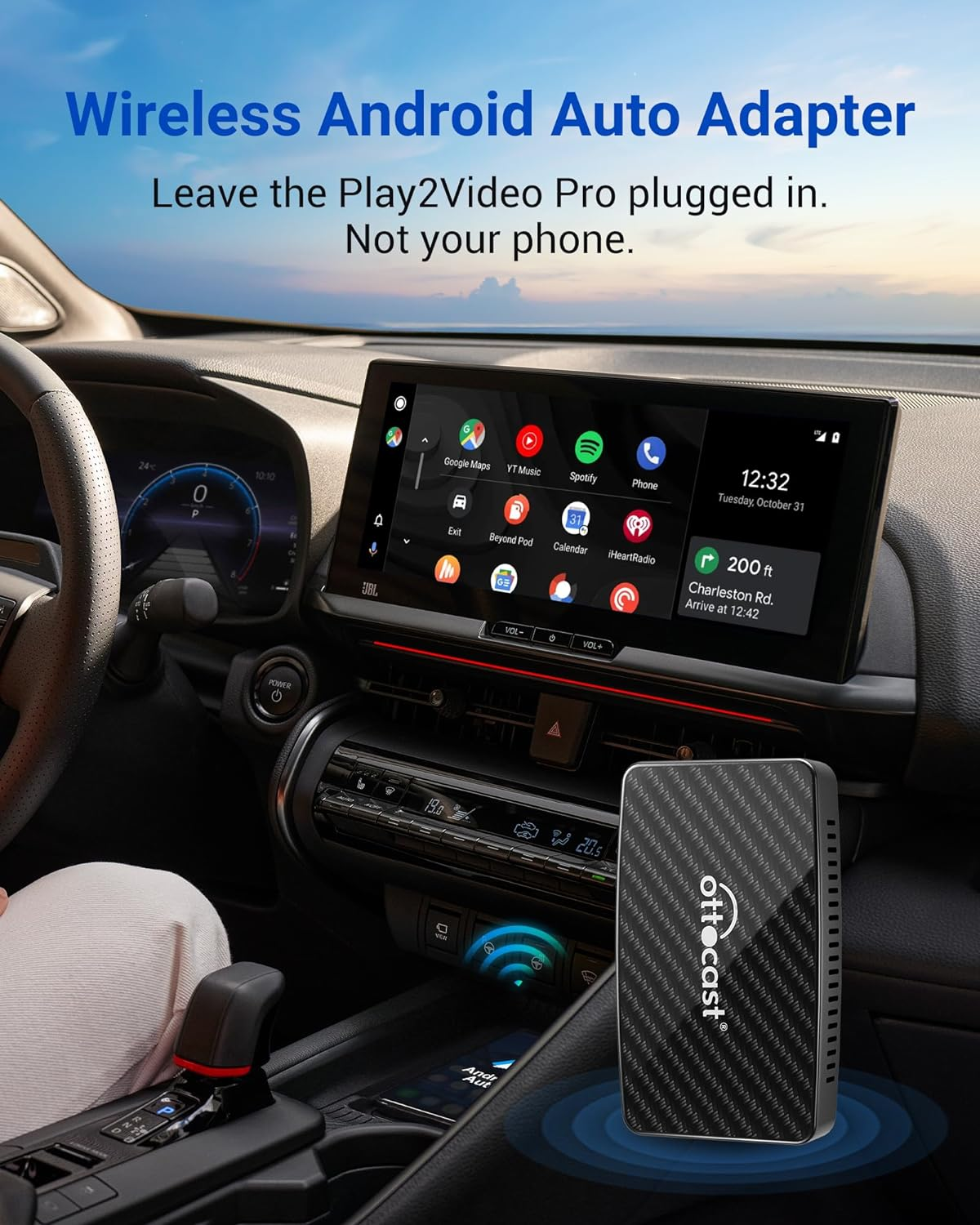 OTTOCAST Play2Video Pro &ndash; Wireless Carplay & Android Auto Adapter with Youtube, Netflix, Spotify, IPTV | 5Ghz Wifi, Auto Connect, No Delay | Compatible with OEM Wired Carplay