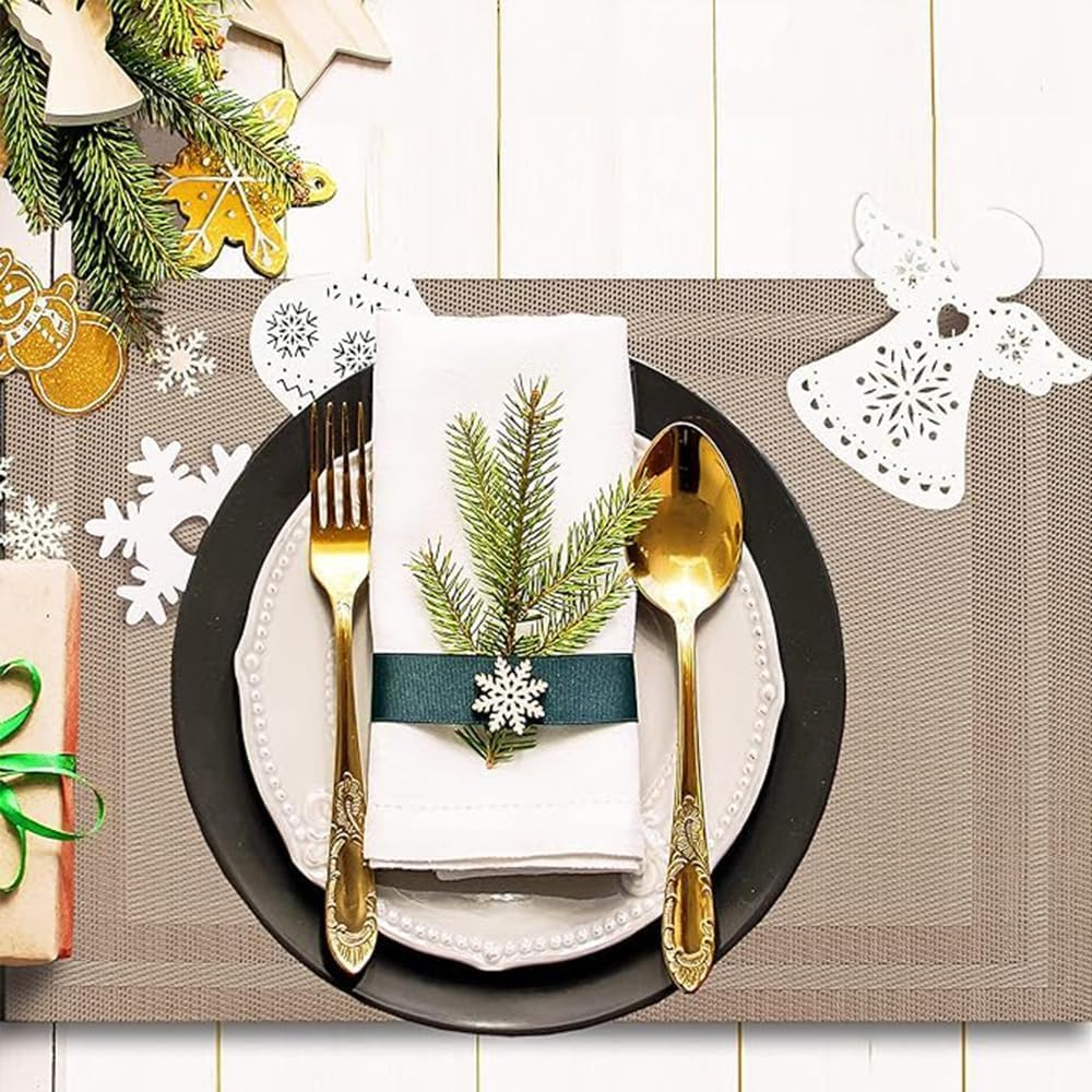 6 Piece Placemats, 11.8 X 13.7 Inches Non-Slip Crossweave Woven Vinyl Insulation Place Mat, Waterproof Washable Kitchen Table Mats for Restaurants Party Decoration (Champagne)