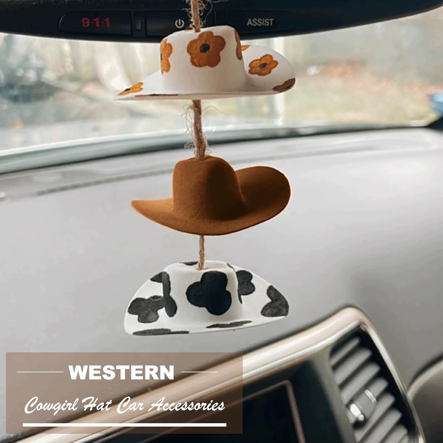 Cowboy Hat Car Charm,Country Rear View Mirror Hanging Accessories,Sunflower Cowgirl Hat Cow Print Car Decor,Cute Handmade Felt Mini Hat Ornament Pendent for Women Girls (Flower) image number 1