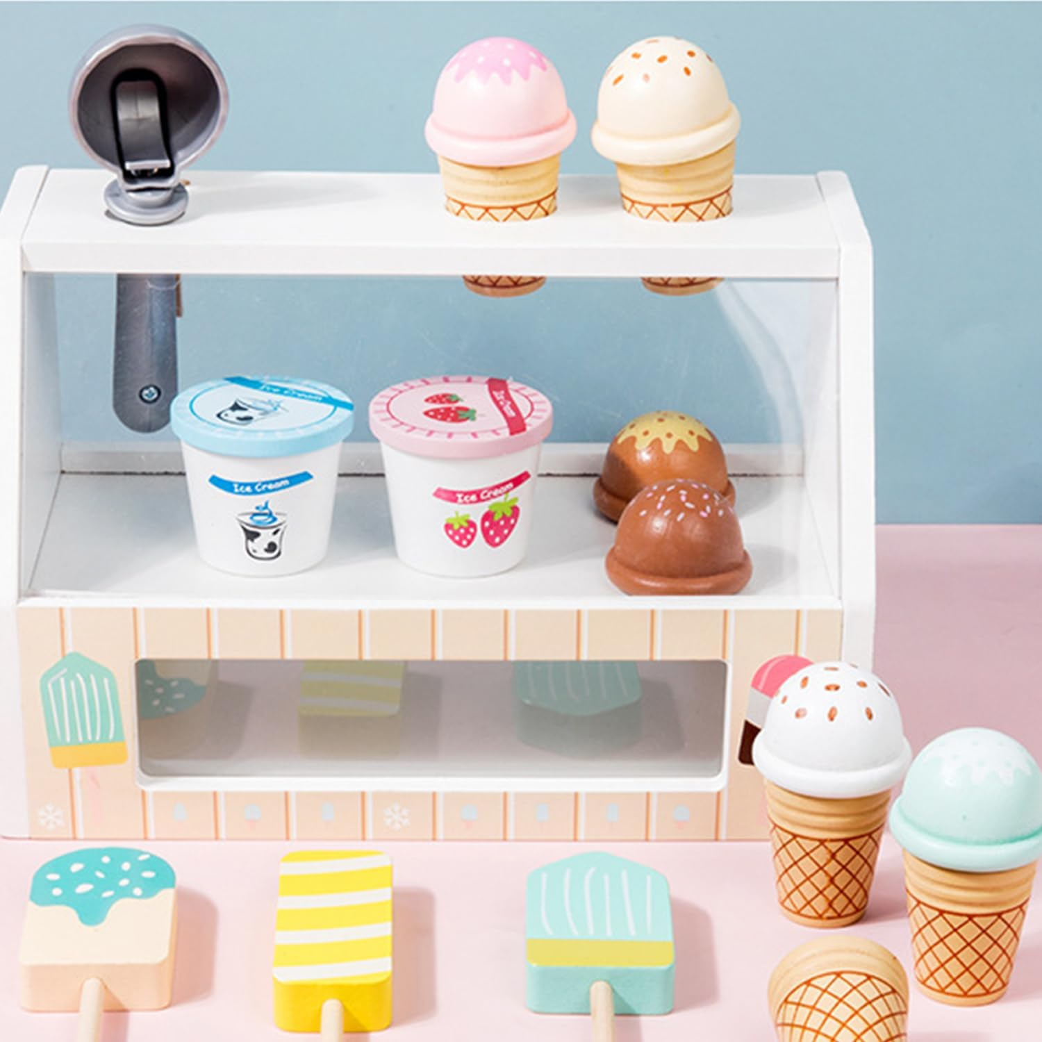 Uandhome Ice Cream Toy,Wooden Ice Cream Toys for Kids Toddlers, Pretend Play Kitchen Food Toys, Ice Cream Counter Shop Playset for Kids, Kids Ice Cream Cart, Toys for 3 4 5 6 7 8 Year Old Girls Boys image number 1