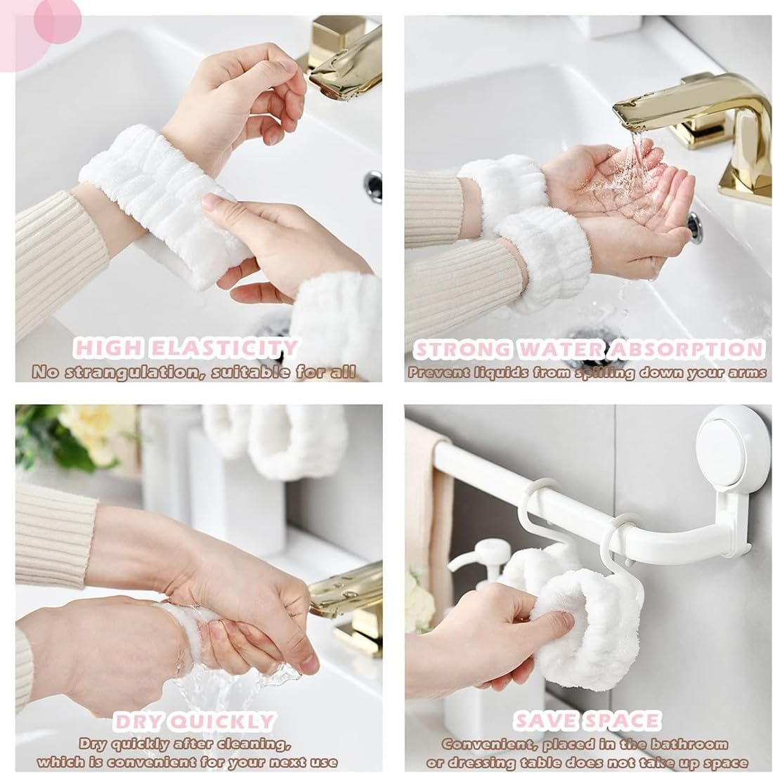 2 Pairs of Spa Wrist Wash Bands, Face Wash Bracelets, Coral Absorbent Bracelet for Washing, Pink + White, for Women, Prevents Spilling of Liquid image number 1