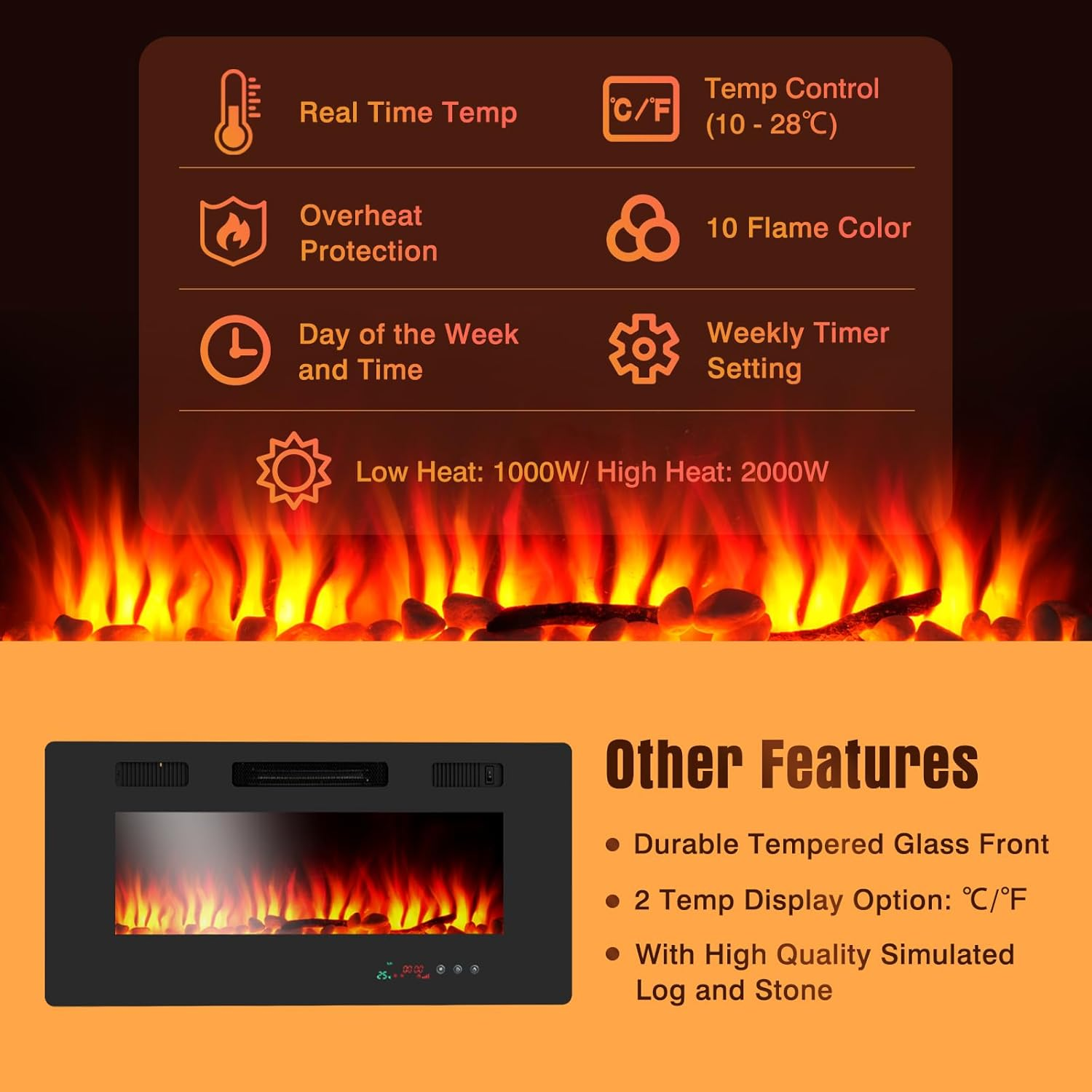 Electric Fireplace Inserts, 1000W/2000W Recessed/Wall Mounting Space Heater with 10 Flame Colors Timer Flame Display Brightness Adjustable image number 1