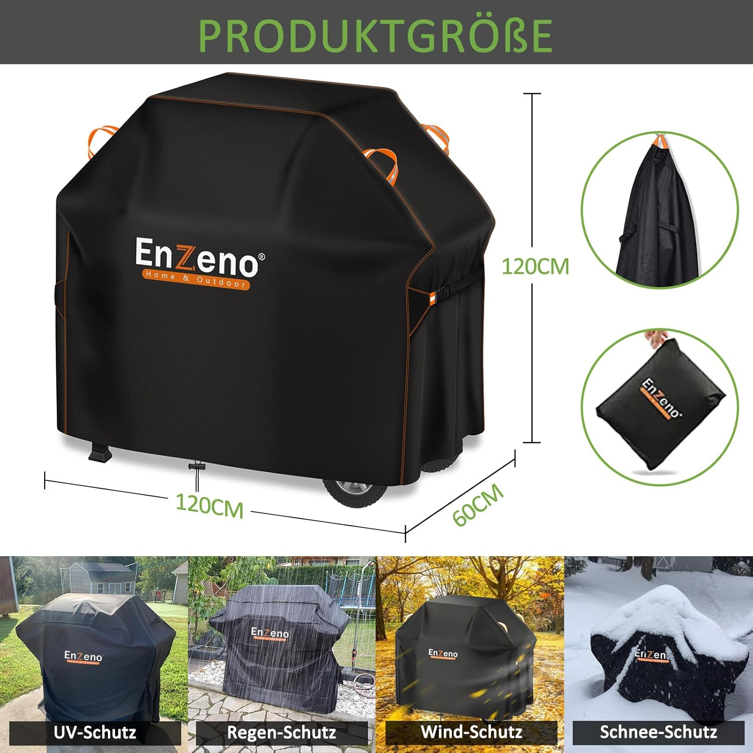Enzeno Weatherproof Barbecue Cover, 120 X 60 X 120 Cm, Gas Barbecue Cover, Dustproof Grill Tarpaulin for Weber, Brinkmann, Char Broil - Black image number 3
