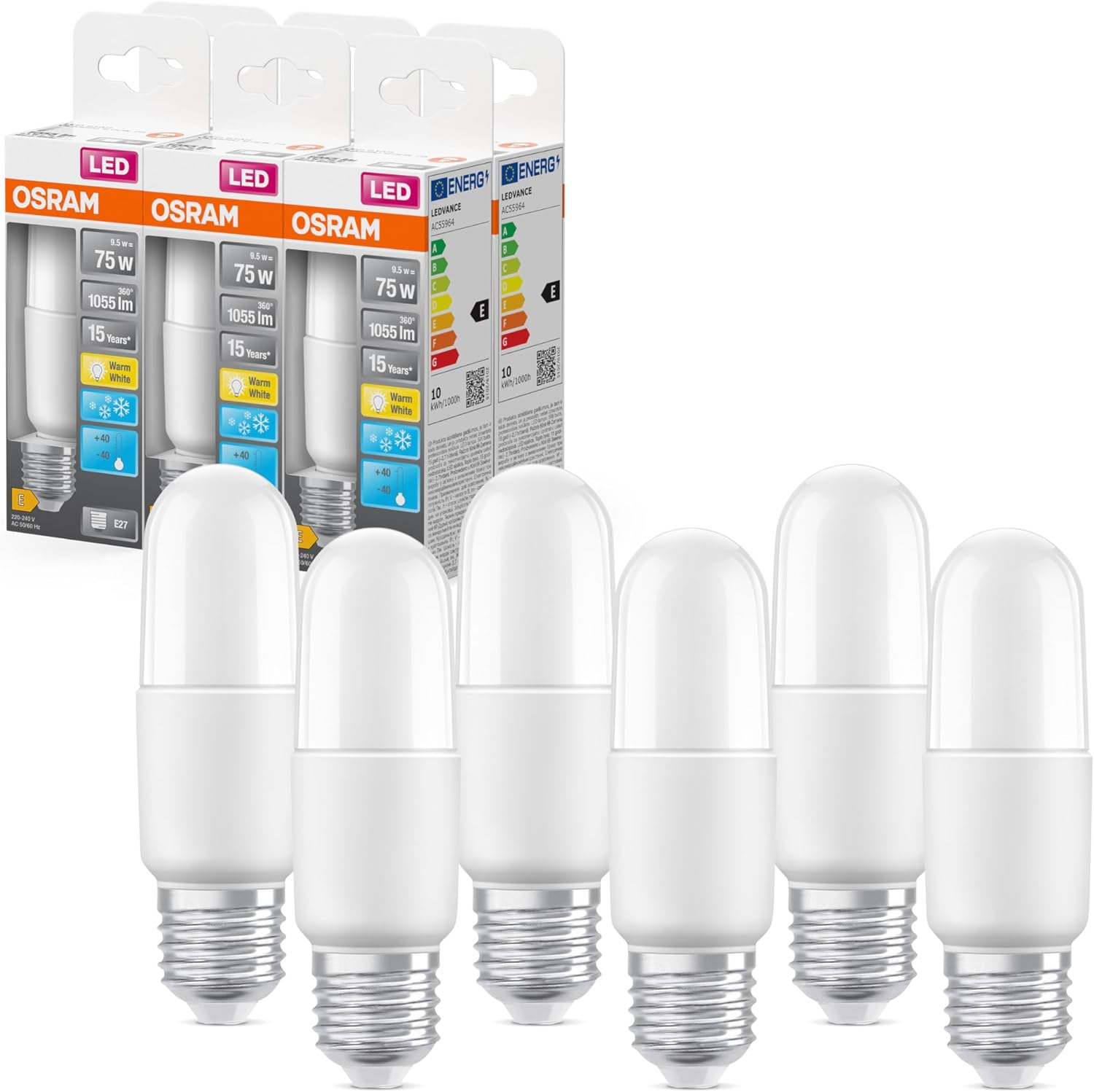 OSRAM LED Lamp with E27 Base, Warm White (2700K), Stick Shape, 10W, Replacement for 75W Bulb, Frosted, LED Star Stick, 6-Pack image number 1