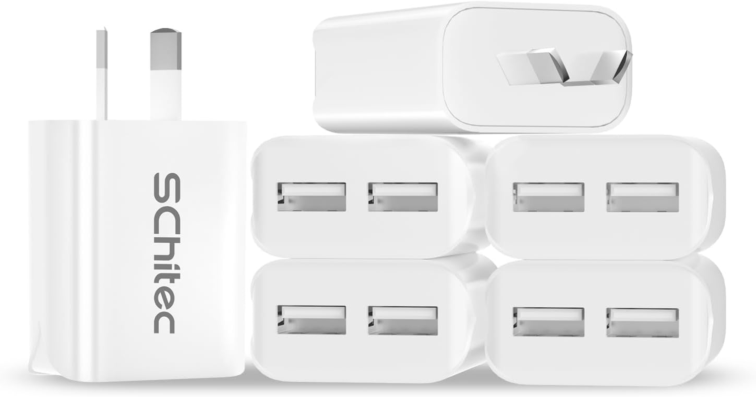 USB Wall Charger 6Pack Dual USB Plug 5V/2.1A 2 Port Portable AU Mains Power Adapter Charger Compatible with Iphone, Ipad, Samsung, Pixel, Galaxy, Htc，Moto (White)