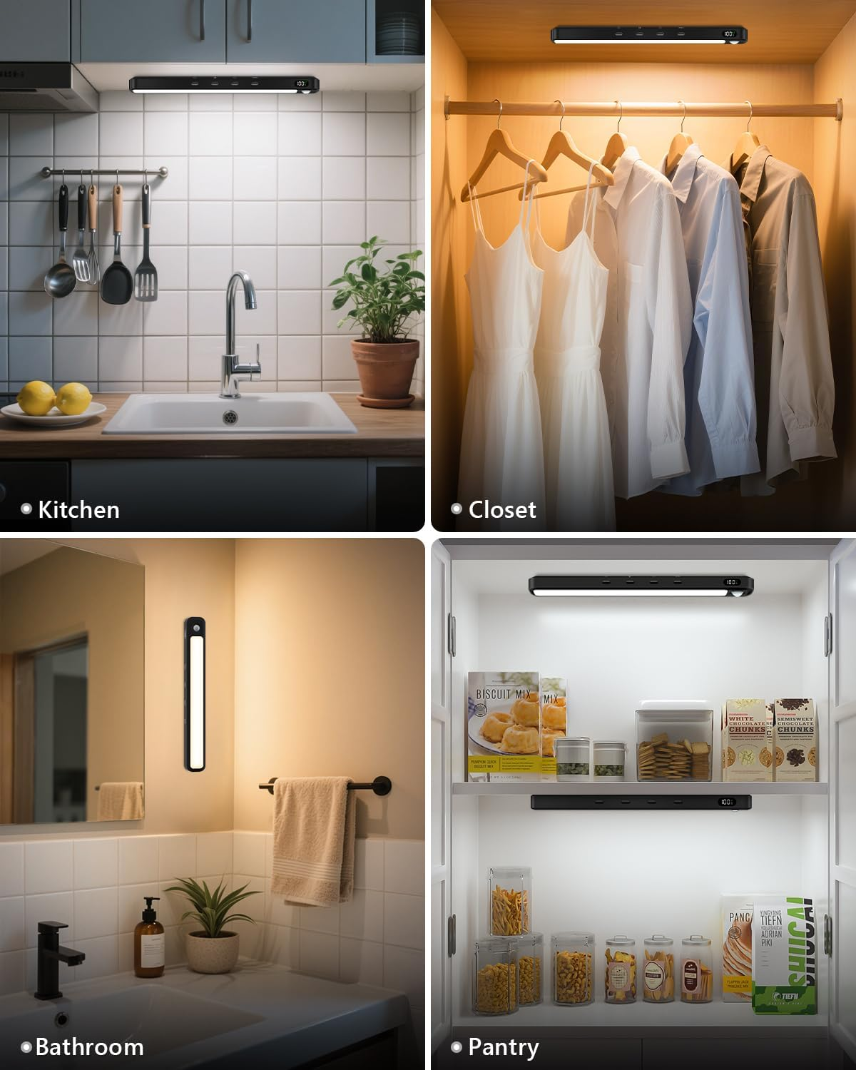 WILLED Motion Sensor Light Indoor with Remote Control,64 LED under Cabinet Lighting,Battery Operated Closet Lights,3 Colors Temps Rechargeable Light Bar for Kitchen,Wardrobe,Pantry,Stair,Black(4 Pack) image number 3