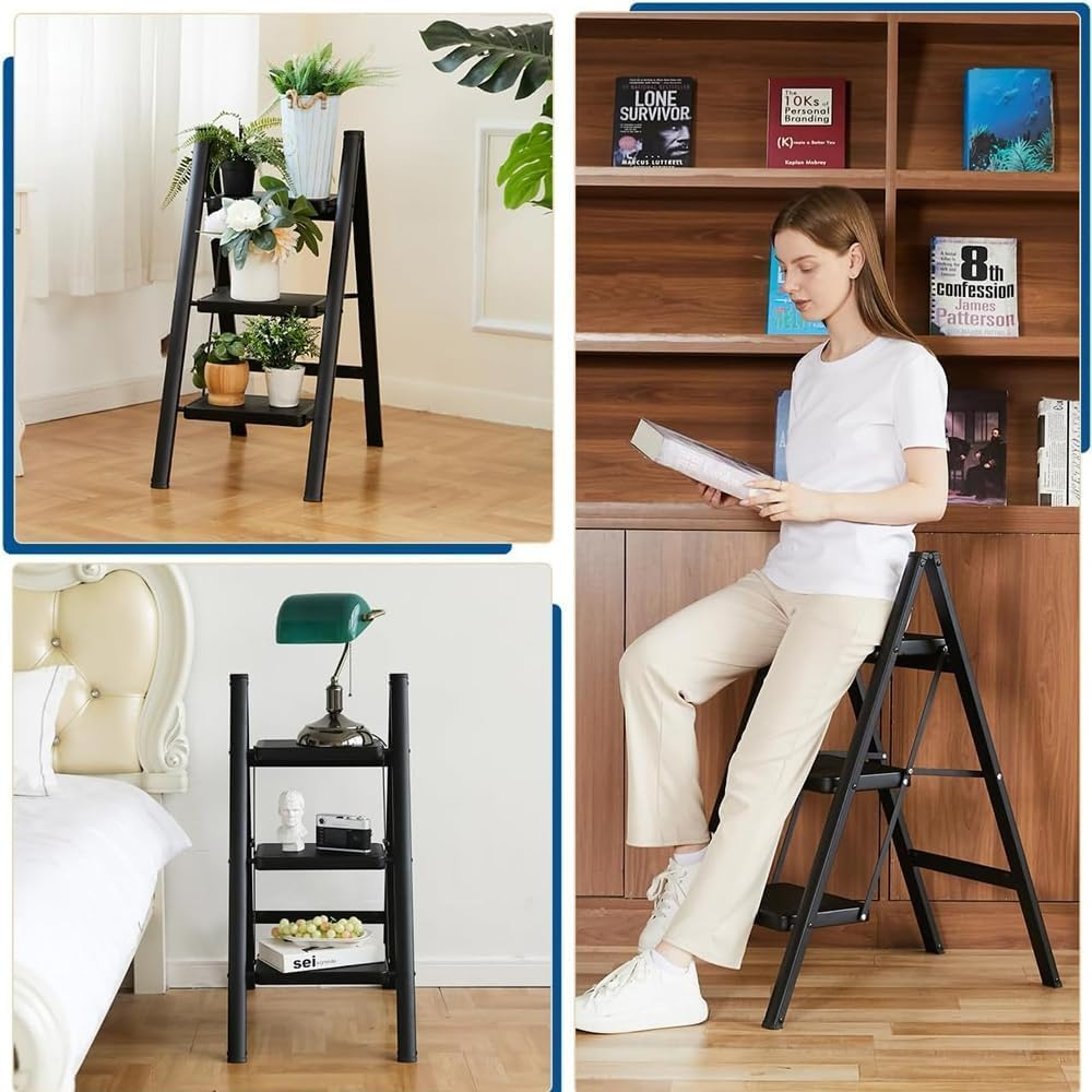 Step Ladder, 3 Steps Full Steel Folding Step Stool, Sturdy Small Step Stool for Adults,Closet Step Stool Ladder with Anti-Slip Wide Pedals, Multi-Use Kitchen Ladder,Bearing Capacity150Kg