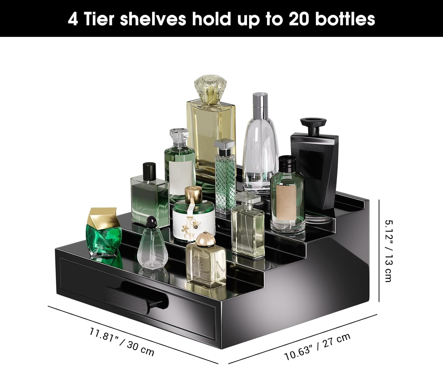 Procase 4 Tiers Lacquered Finish Wooden Cologne Organizer for Men, Perfume Display Stand Shelf with Drawer, Men'S Cologne Storage Rack, a Perfect Cologne Holder for Men -Black image number 1