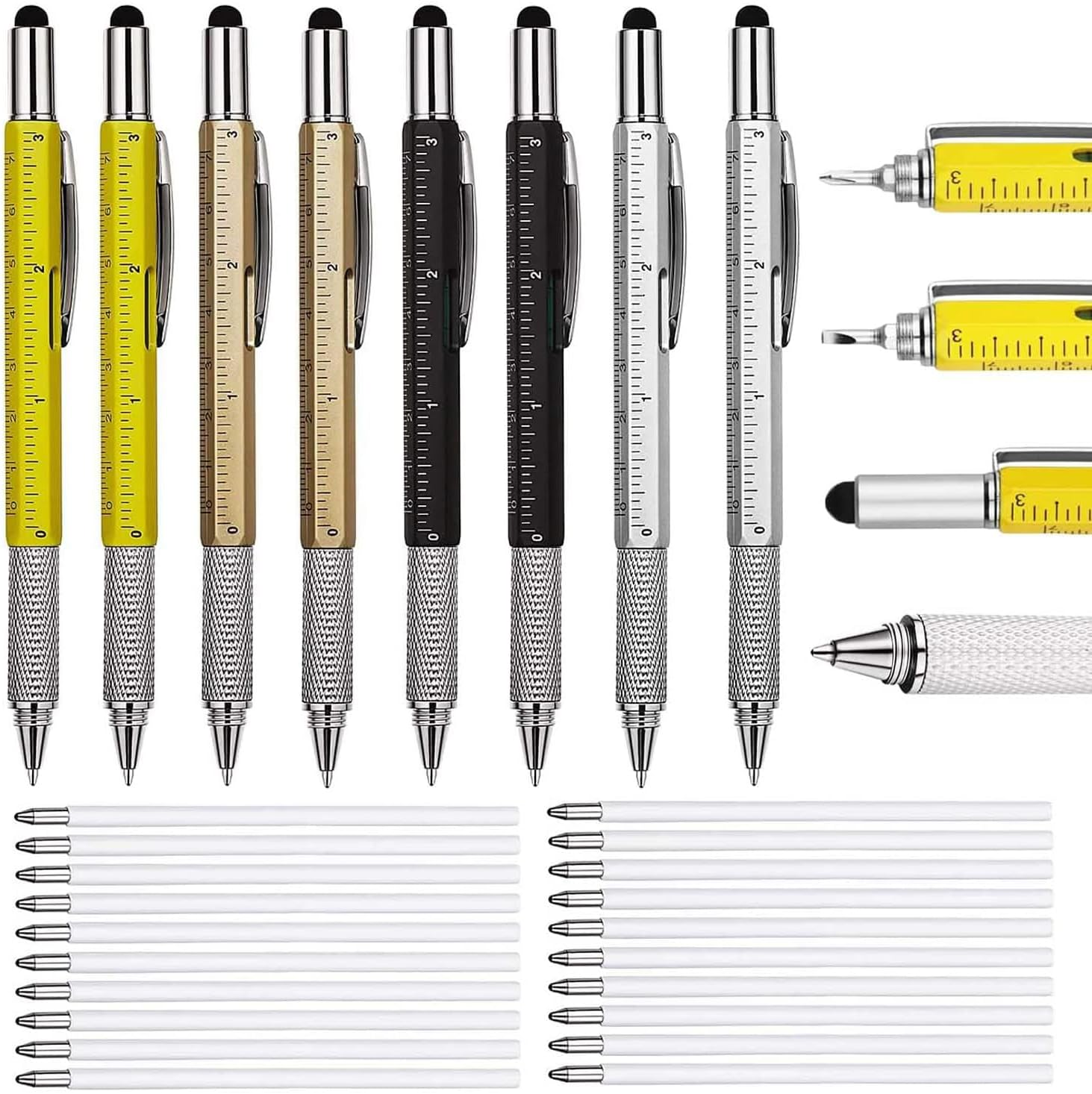 YUENTOEN 8Pcs 6 in 1 Multifunction Pen Tool, Multitool Pen Set with Extra Refills Set, Touch Screen Stylus, Ruler, Levelgauge, Flat Head and Phillips Screwdriver image number 5