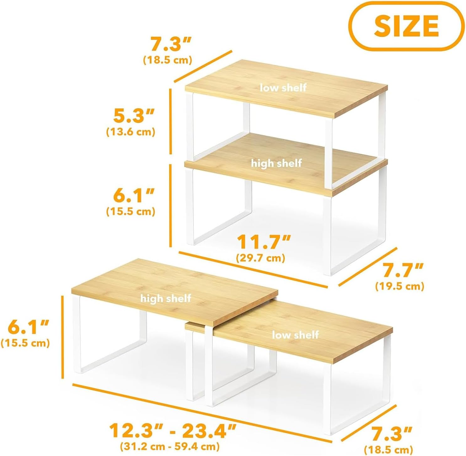 LOVJOYSE Cabinet Organizer Shelf, Set of 2 Kitchen Counter Shelves, Kitchen Storage, Spice Rack, Stackable, Expandable, Metal and Engineered Wood, Ink Black and Natural Whtie image number 1