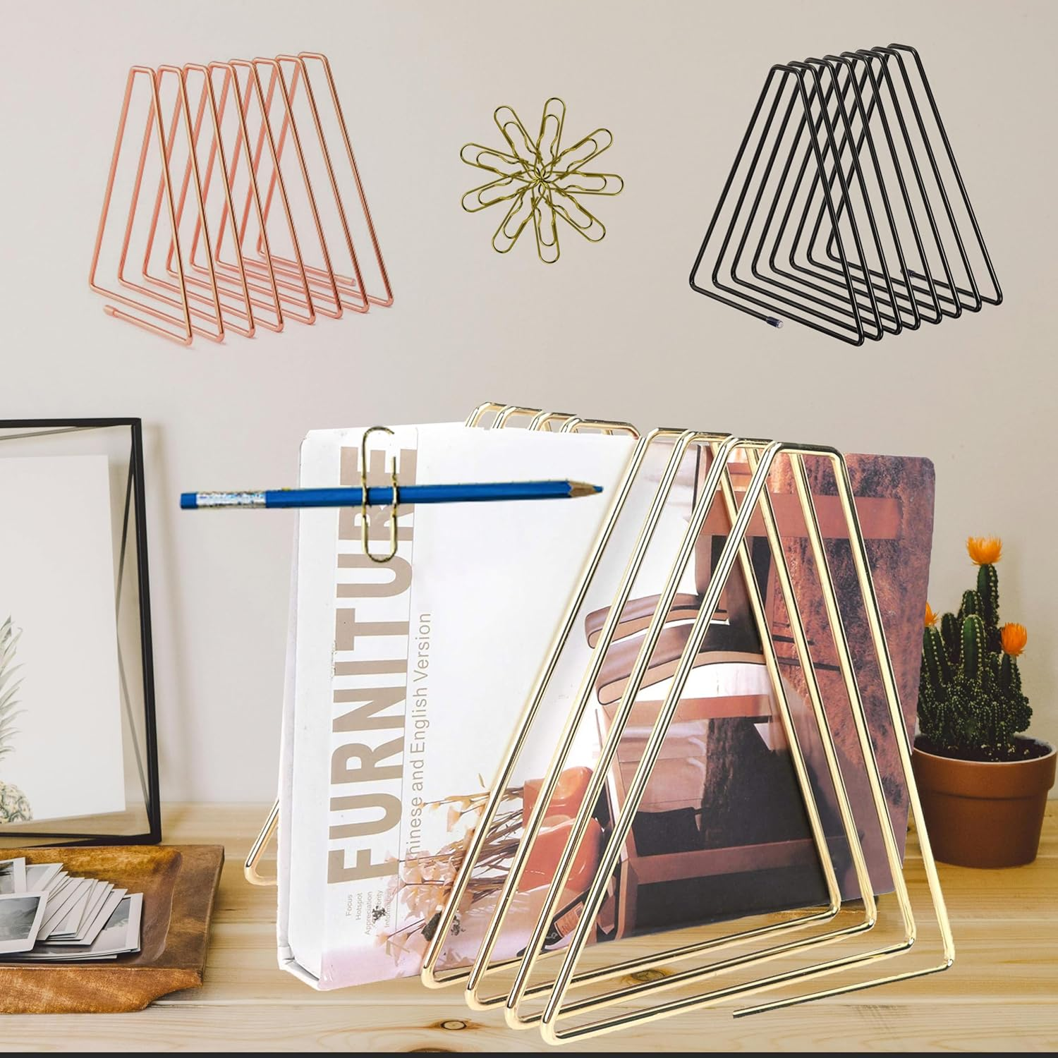FEIQIAO Adjustable Telescopic Triangle Record Shelf Bookshelf, Wire Folder Organizer Sorter, Decorative Desktop Book Organizer Magazine Rack (Gold, 7 Grid) image number 6