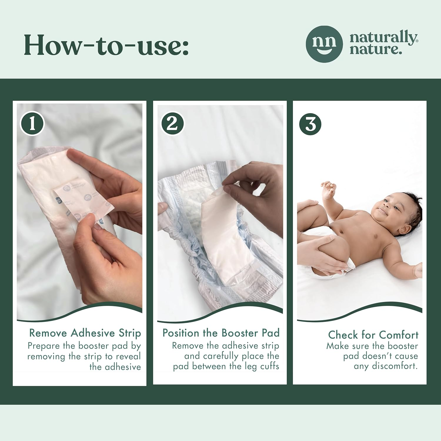 Naturally Nature Diaper Booster Pads Stop Nighttime Leaks, Adhesive Liners for Baby Overnight Diapers - Size N-3 Boys, 96-Pack - Disposable Diaper Pads for Infants