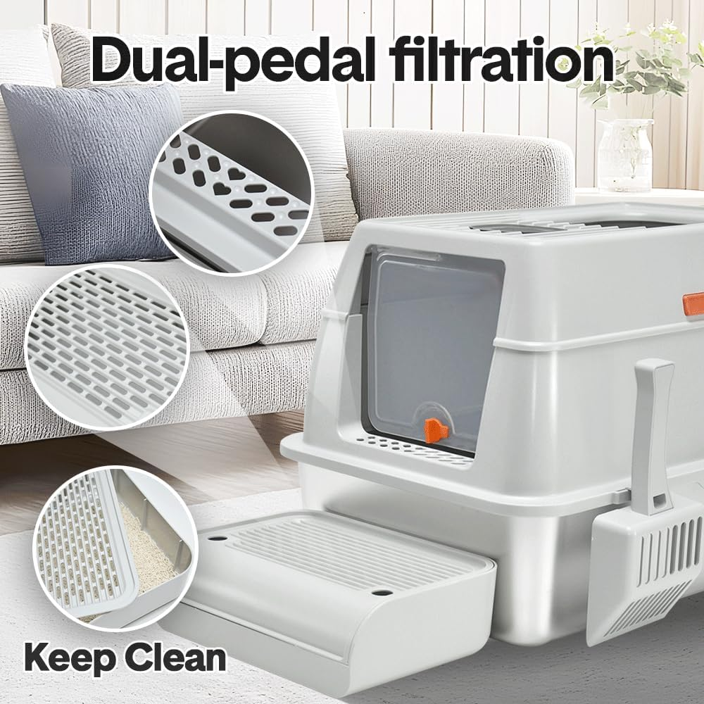 20L Cat Litter Box Large Stainless Steel Litter Box, Anti-Leak Enclosed Cat Litter Box Detachable Kitty Litter Tray with ABS Lid High Sides Scoop and Ramp Easy Cleaning Light Grey image number 3