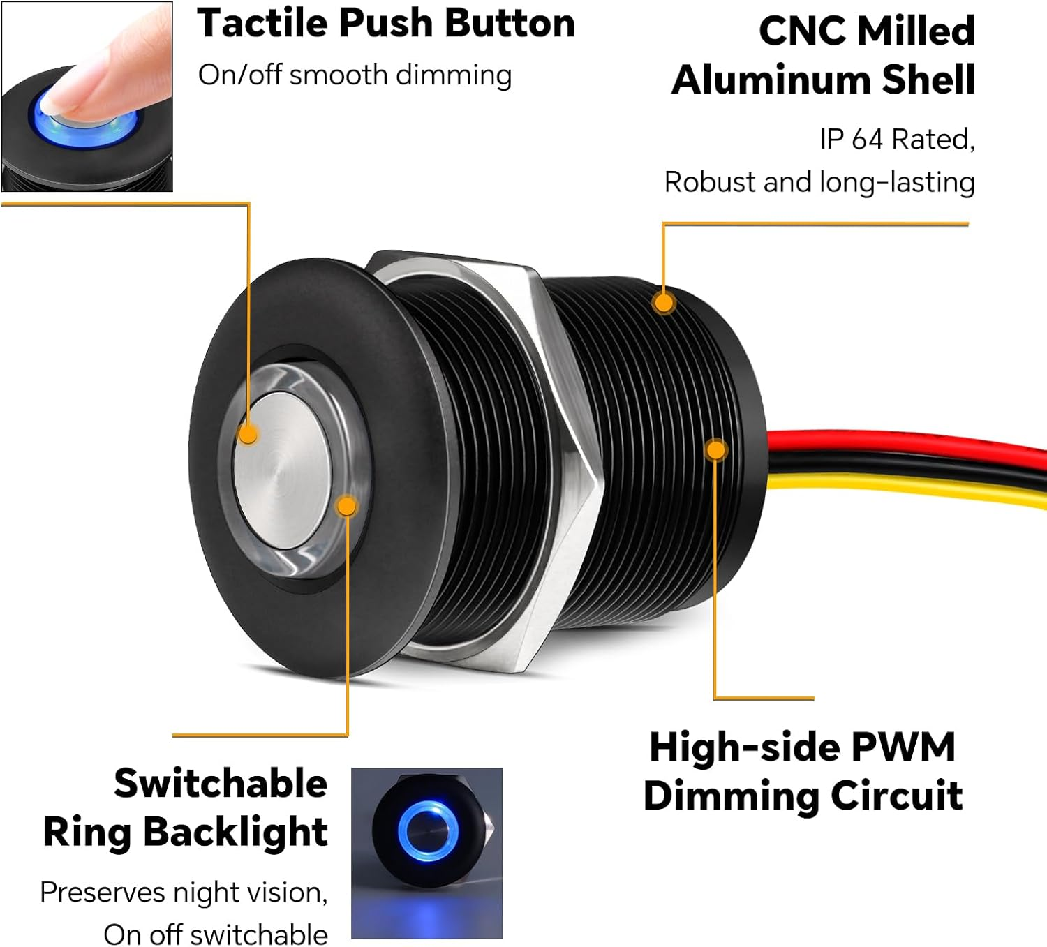Obeaming 12V Dimmer Campervan Boat Light High-Side PWM Dimming Switch, 22Mm Mounting Hole with Blue Backlight for LED Strip Light 12V LED Halogen Incandescent, All-Aluminum Shell 6A (Black) image number 6