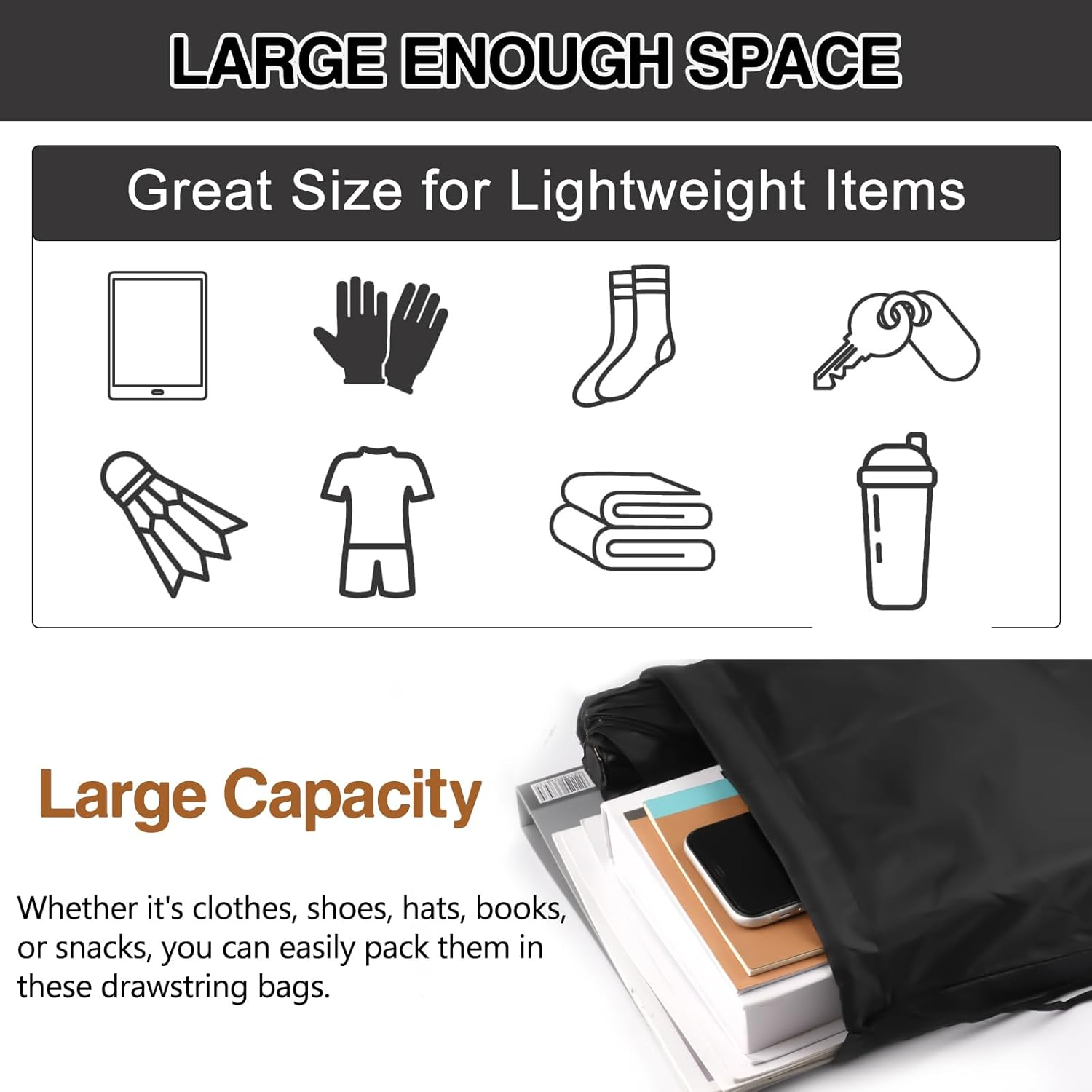 Drawstring Backpack 6Pcs Drawstring Gym Bags Black Draw String Bags Drawstring Backpack for Sports image number 2