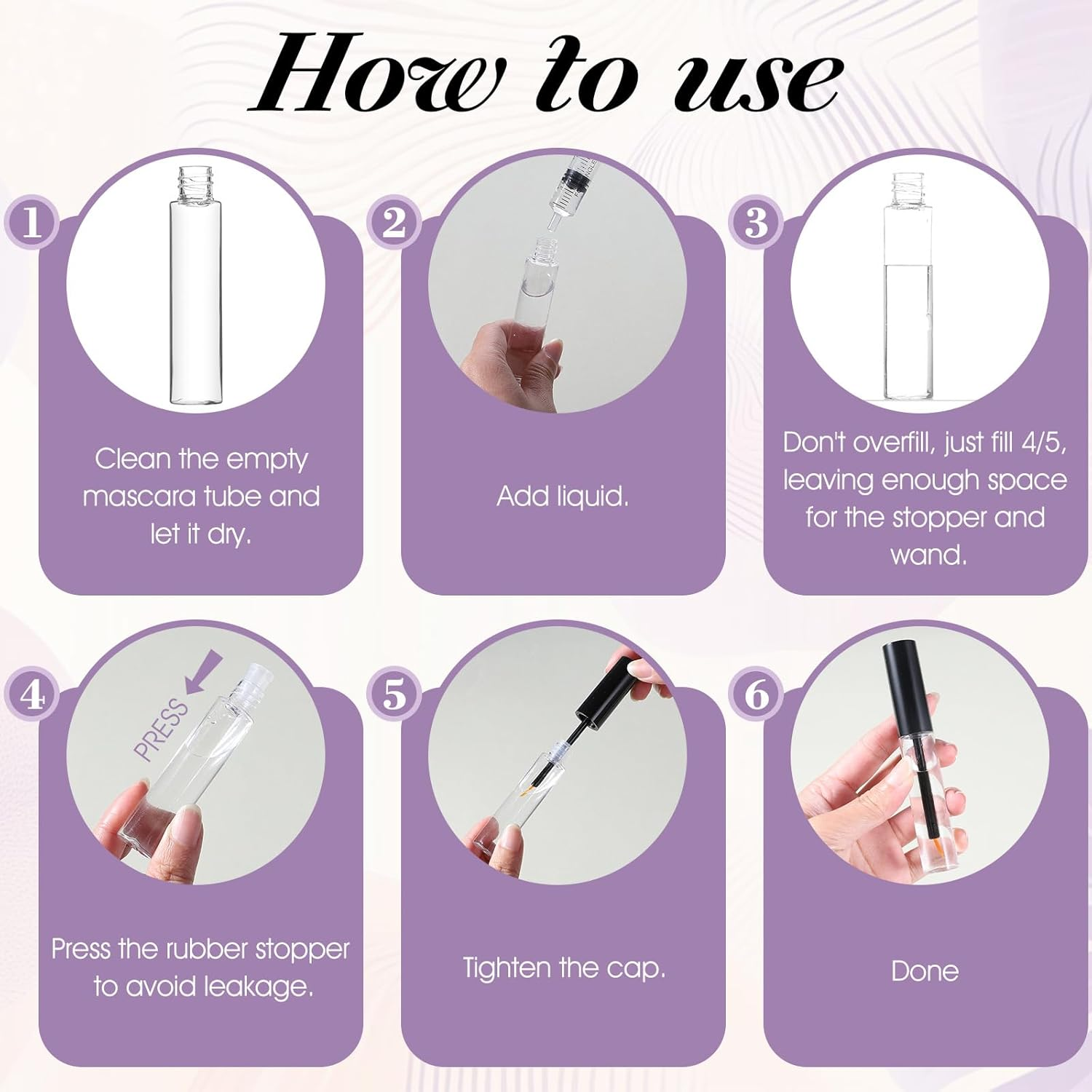 Pack of 6 Empty Mascara Tubes, 10 Ml Refillable Eyeliner Container with Eyelash Stick and Rubber Funnels, Empty Eyelashes, Tube Eyelashes, Cream Bottle for DIY Eyelash Cream (Black) image number 3