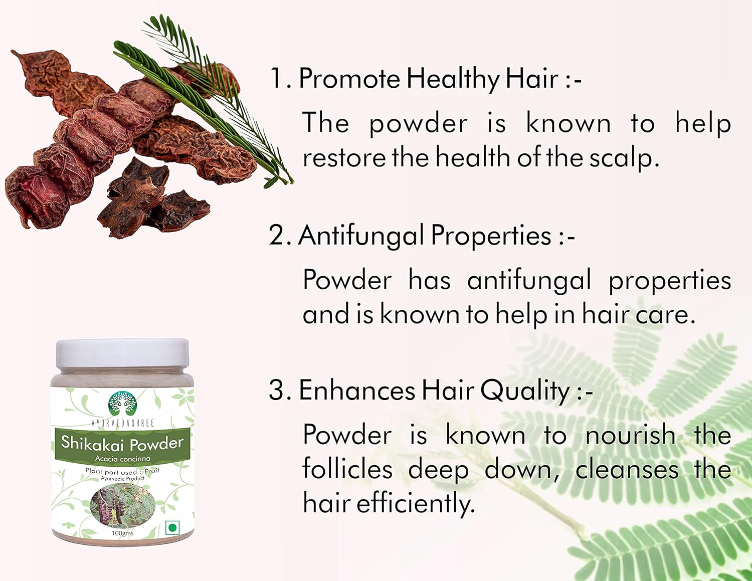 AYURVEDASHREE Shikakai Powder 100 Gm Acacia Concinna Fruit Pods Powder Natural Hair Cleanser & Conditioner Vegan Non Gmo Vegan image number 4