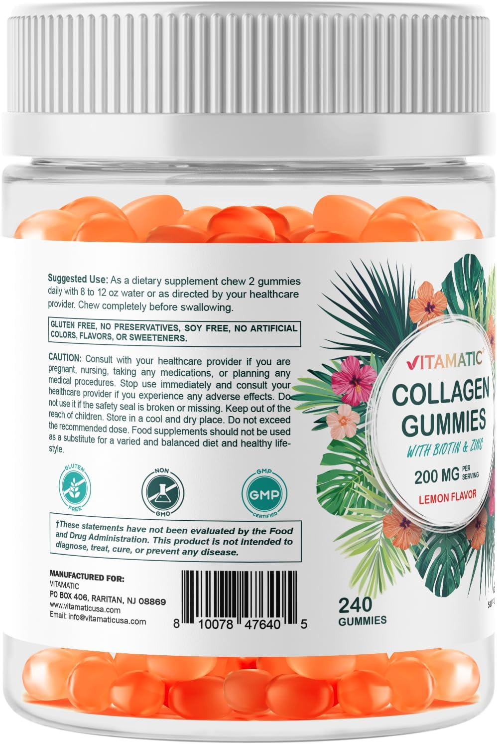 Vitamatic Hydrolyzed Collagen Gummies with Vitamin C, Zinc and Biotin, 200 Mg - Healthy Skin Support - 240 Gummies image number 5