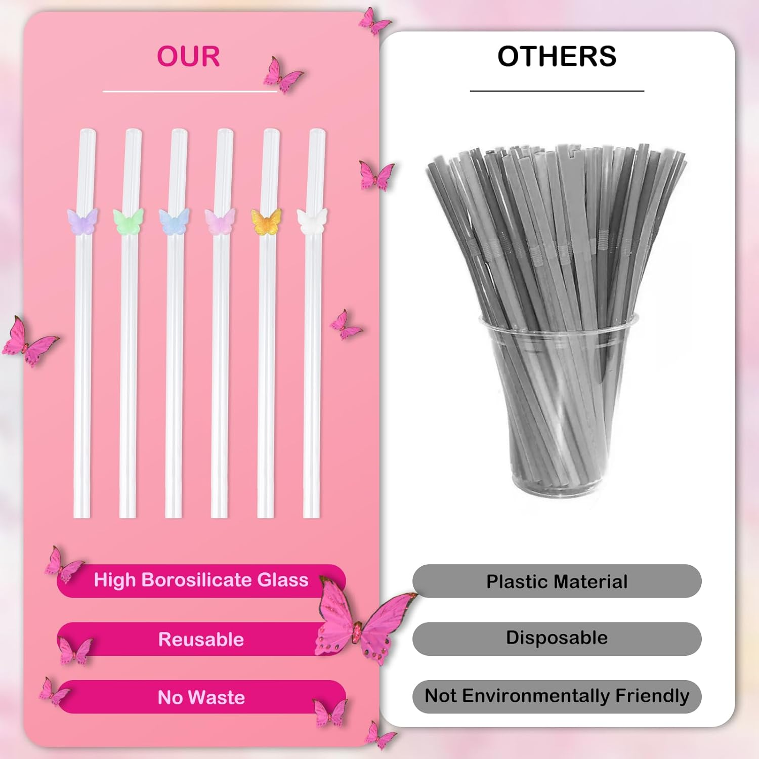 Reusable Glass Straws 6-Pack, Multicolour Butterfly Decorated Drinking Straw, Eco Friendly Bent Straws Drinking for Smoothies, Milkshake, Cocktail (20Cm, Clear) image number 2