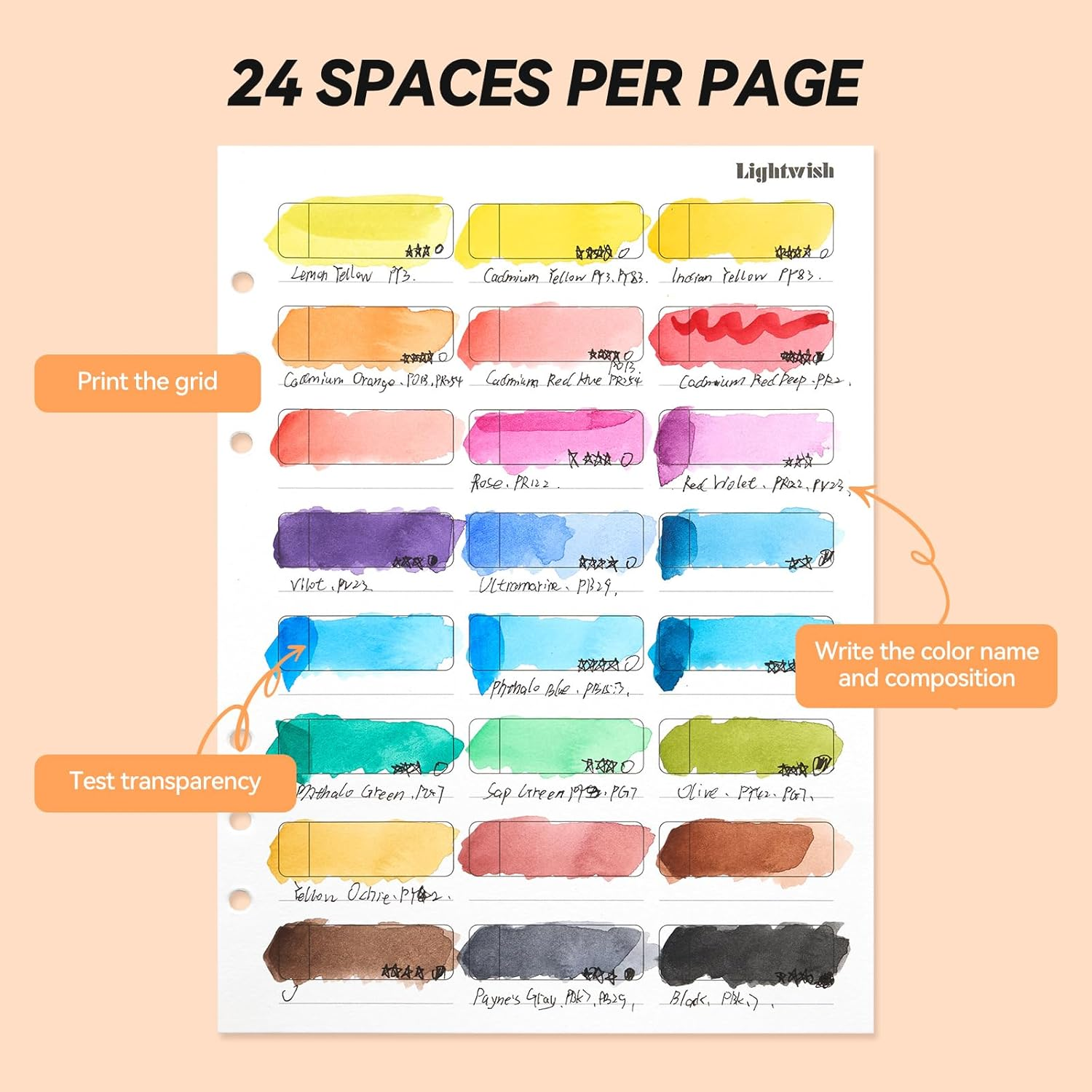 LIGHTWISH Watercolor Swatch Book - 20 Detachable 100% Cotton Sheets 24 Spaces,5.5 * 7.8 In,300Gsm/140Lb Hot Press for Watercolor, Gouache, Oil Pastels - Spiral-Bound Color Testing Journal