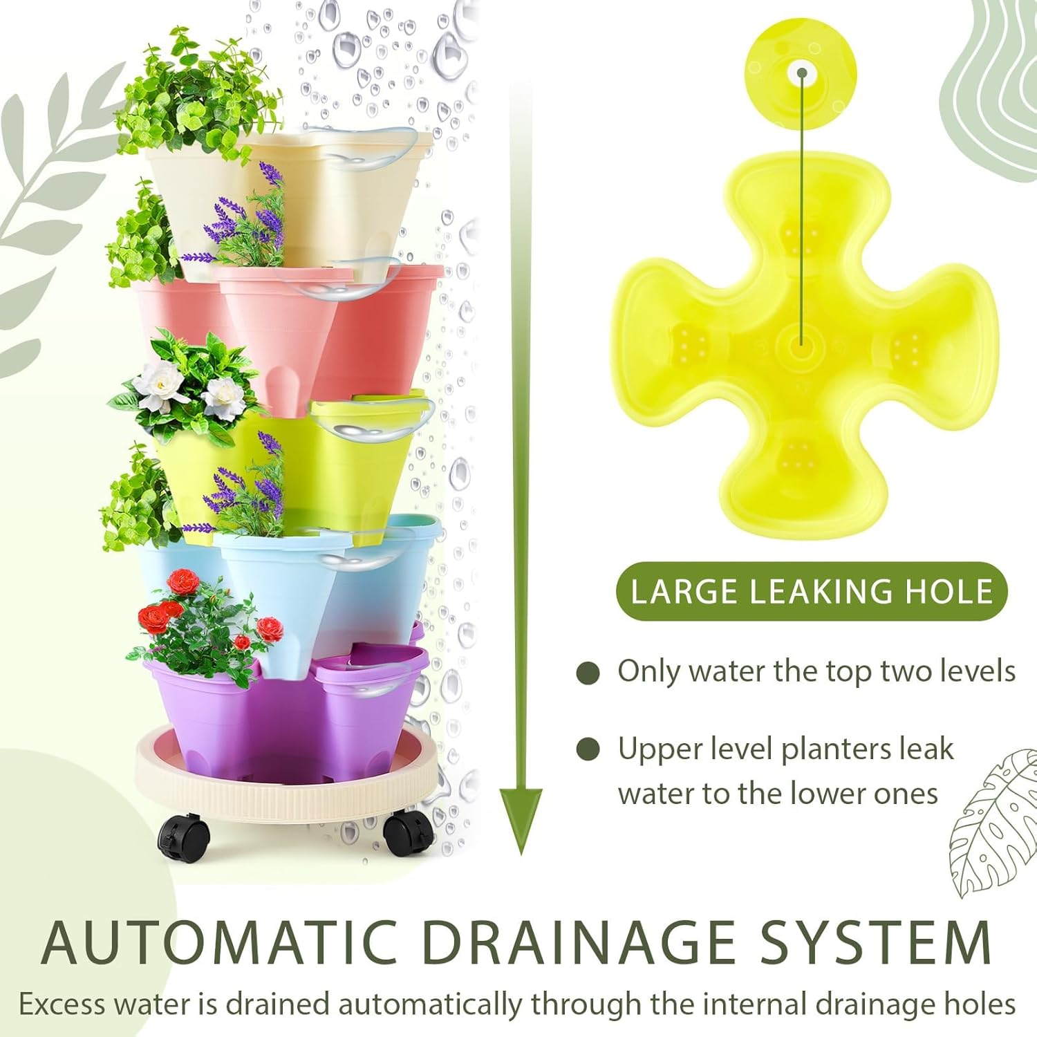 6 Tier Vertical Planter, Stackable Tower Planters, Strawberry Herb Flower and Vegetable Pots, Indoor Outdoor Gardening Pots with Removable Wheels and Vegetables Multicolor, Garden Planters (6PCS)