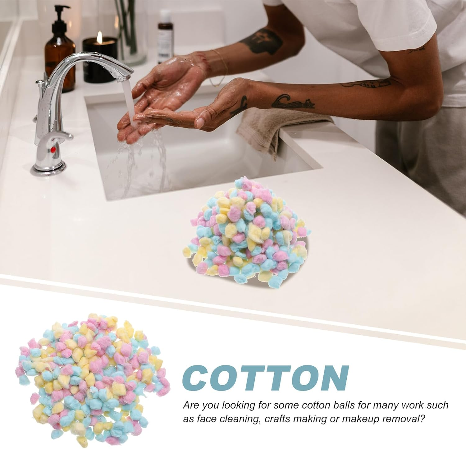 JEWEDECO Colored Cotton Balls for Boy Girl Soft Absorbent Small Cotton Balls for Face Washing Makeup Removal Beauty Salon and Home Use Pink Yellow Blue image number 3
