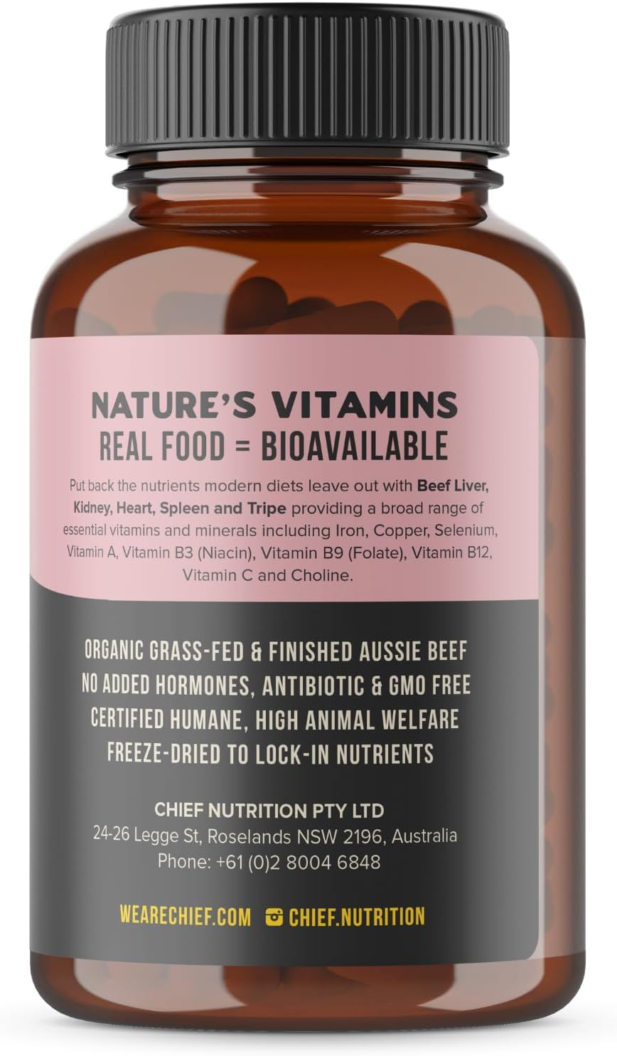 Chief Organic Beef Offal Supplement, Natural Multivitamin, 100% Grass-Fed Aussie Cattle, High in Copper & Heme Iron, No Antibiotics or Hormones, 120 Capsules
