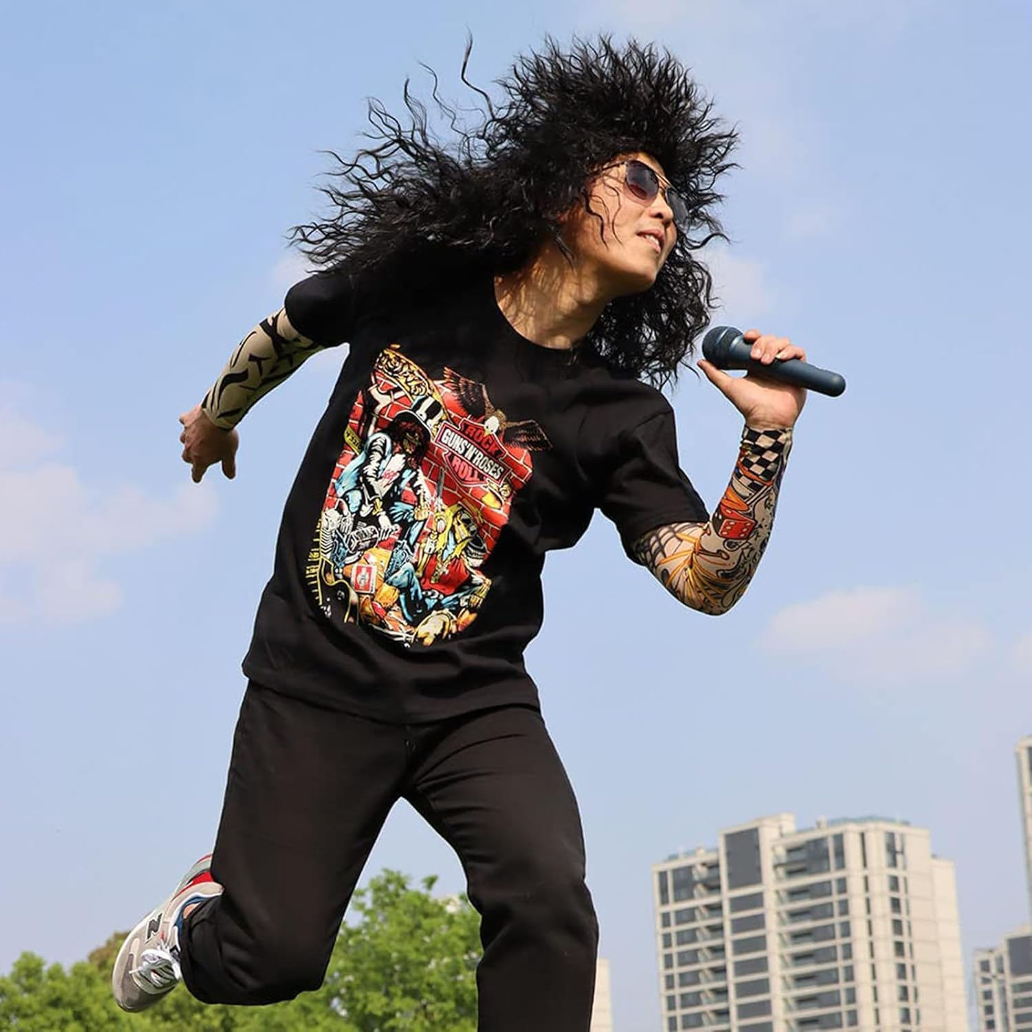 70S 80S Hair Metal Rocker Hippie Costume Accessories - Long Curly Black Synthetic Costume Wig for Halloween, Cosplay, Anime, Themed Parties (Unisex Adjustable Design) image number 4