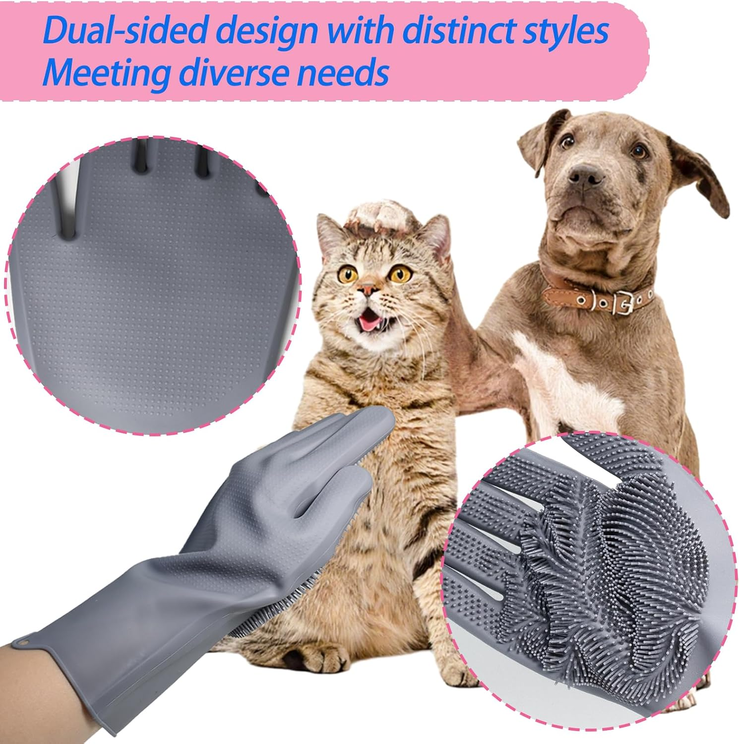 2 Pcs Pet Grooming Gloves, Extra Thick Large Silicone Dog Bath Brush for Dogs Cats Rabbits Pets, Anti-Bite Waterproof Cat Hair Remover Glove for Dog Cat Bath Grooming Massaging Home Cleaning (Gray) image number 3