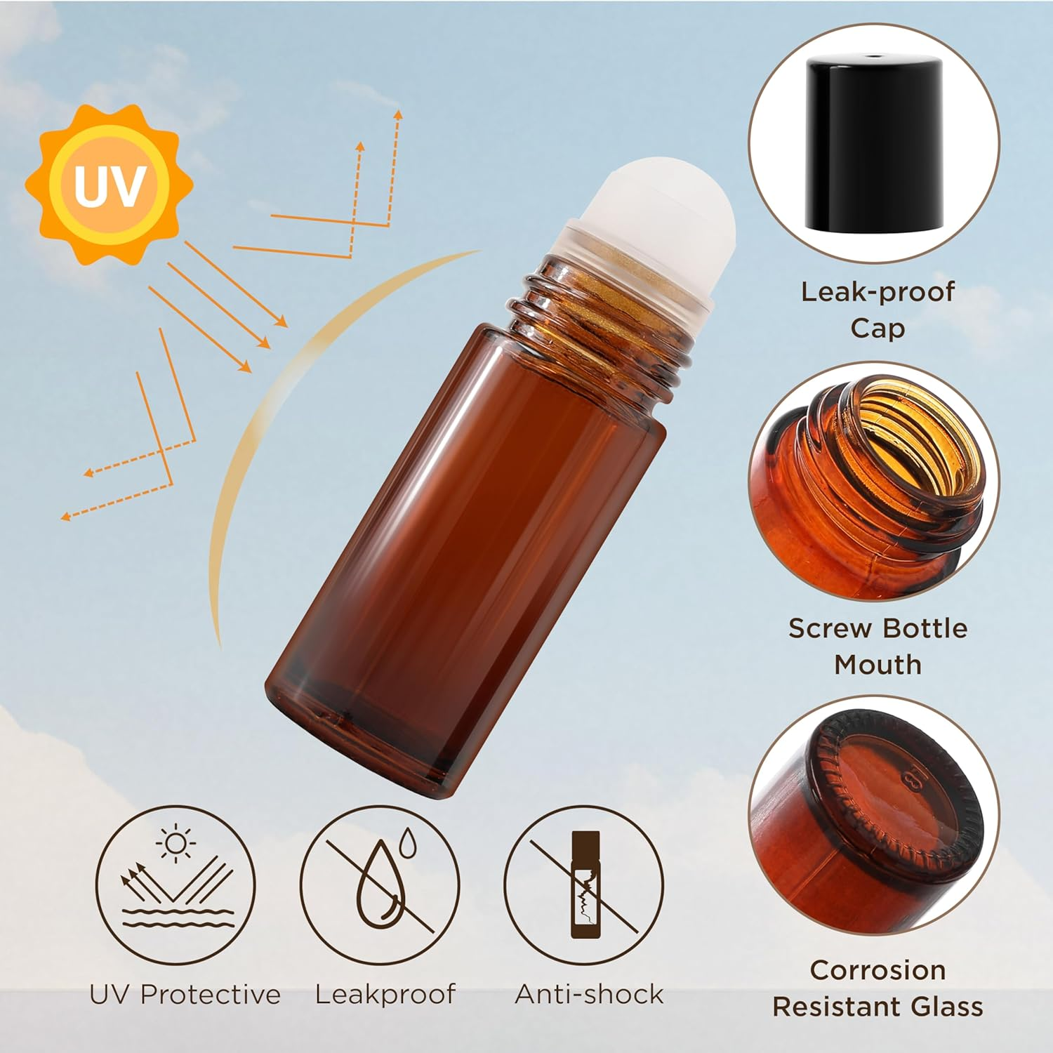 SESENSE Essential Oil Roller Bottles, 2PCS (50Ml/30Ml) Thick Glass Perfume Roller Bottles with Funnel and Dropper Glass Empty Bottles Beauty and Personal Care Tools for Fragrance (Amber, 50ML) image number 4