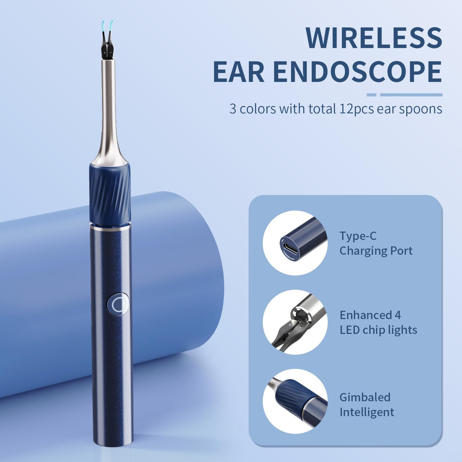 Qimic Ear Cleaner Camera with Tweezers - 1080P Ear Wax Removal with Light and Camera, IP67 Ear Camera with Storage Box, Earwax Removal Kit with 12 Colorful Silicone Tips for Iphone,Android(Blue) image number 4