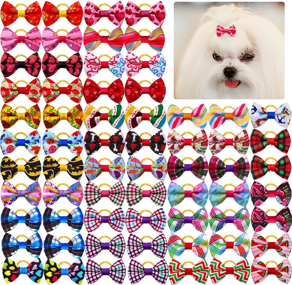 Aoozleny Cute Puppy Hair Bows with Rubber Bands - 30PCS Cute Puppy Dog Small Bowknot Hair Accessories, Handmade, Perfect for Pet Grooming（Random Color） (A)