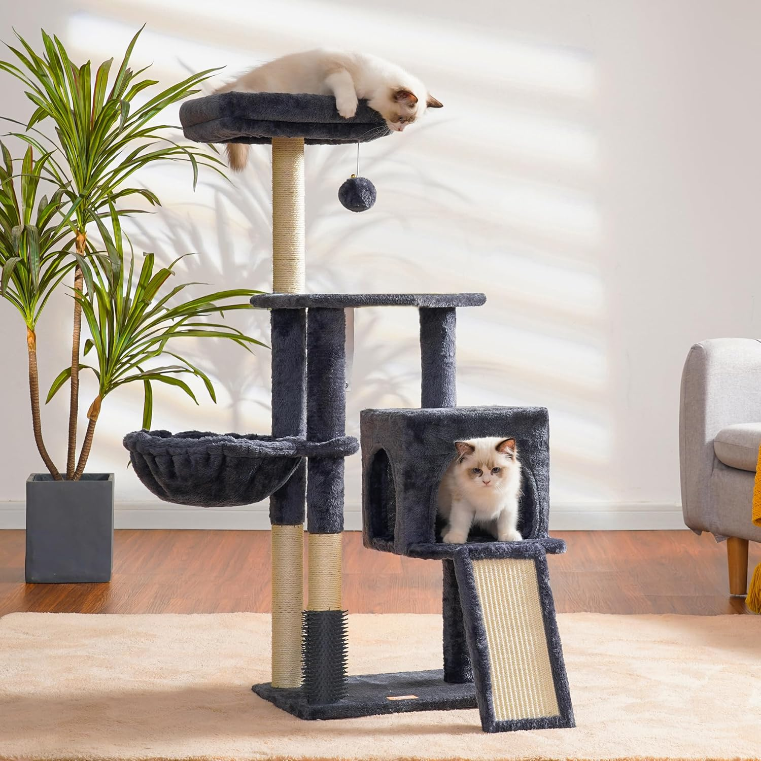 Heybly Cat Tree with Cat Self Groomer Brush, Cat Tower Condo for Indoor Cats with Padded Plush Perch,Cat House with Basket Scratching Board Post, Smoky Gray HCT005SG - Light Gray image number 6