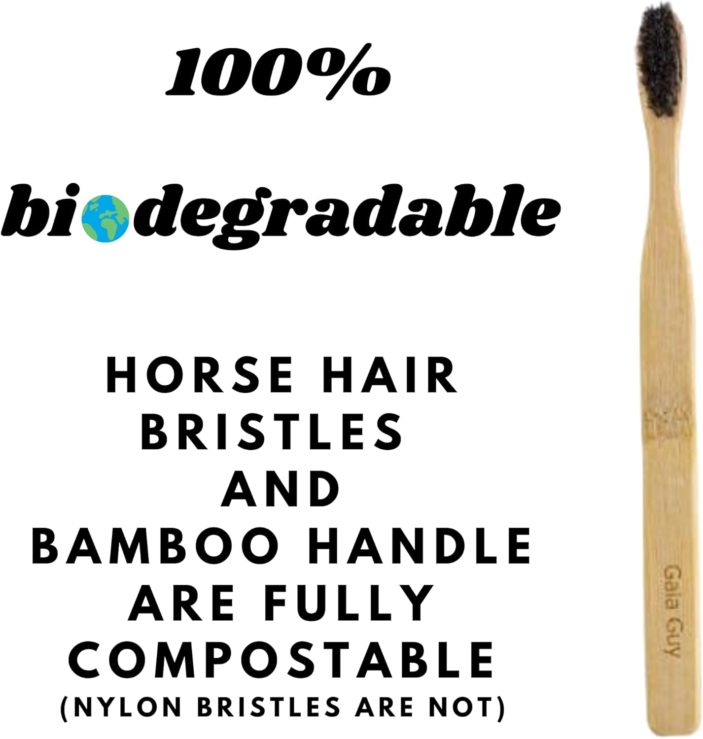 Gaia Guy Soft Natural Bristle Bamboo Toothbrush (NO Nylon - Horsehair ONLY) - Totally Compostable & Biodegradable Soft Horse Hair Bristle and Bamboo Toothbrushes - Zero Waste - 6-Pack image number 2
