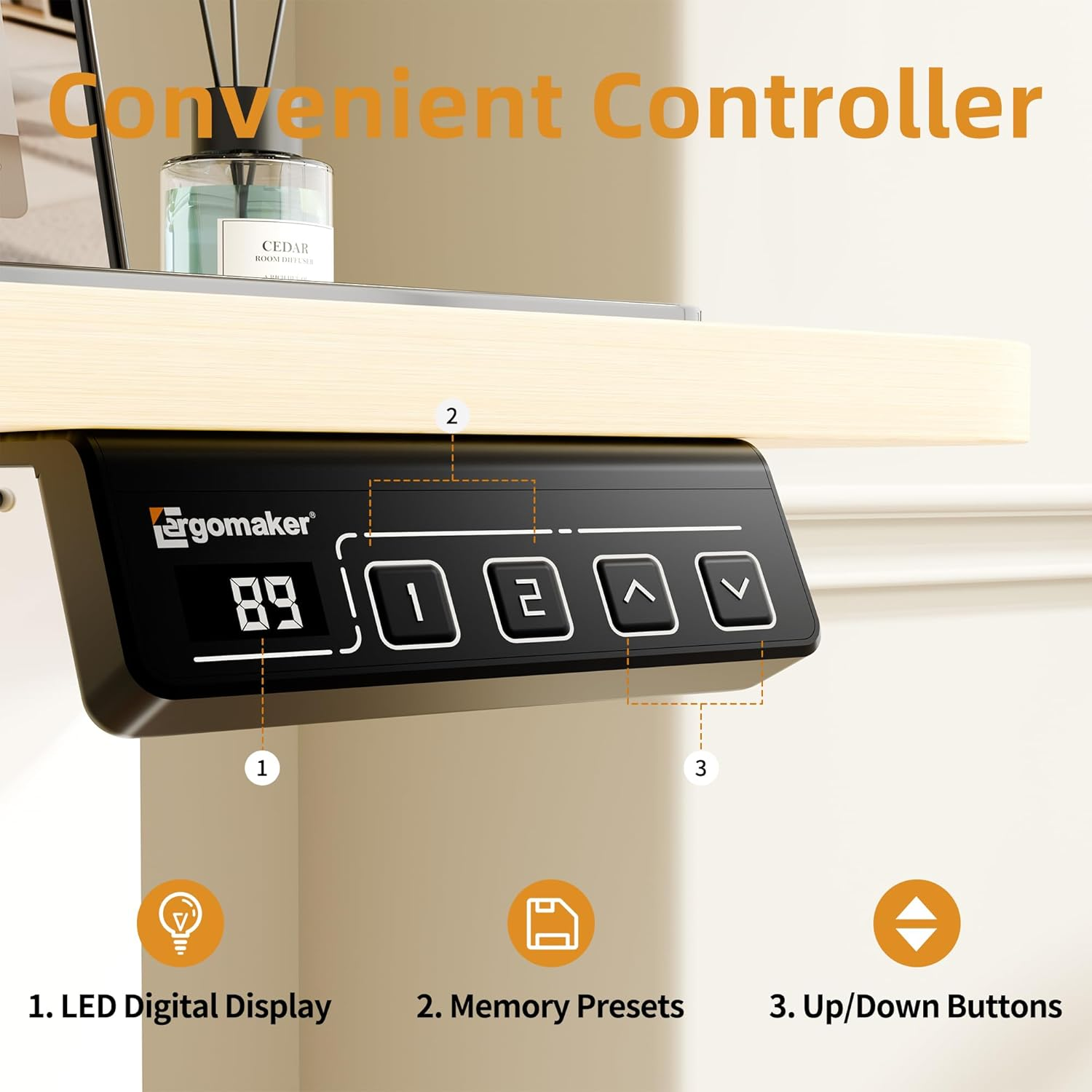 ERGOMAKER Electric Standing Desk 80X60Cm (31"X23.6"), Height Adjustable Sit Stand Desk with Splice Board for Home Office, Computer Desk Memory Preset (White Frame + Golden Oak Desktop) image number 7
