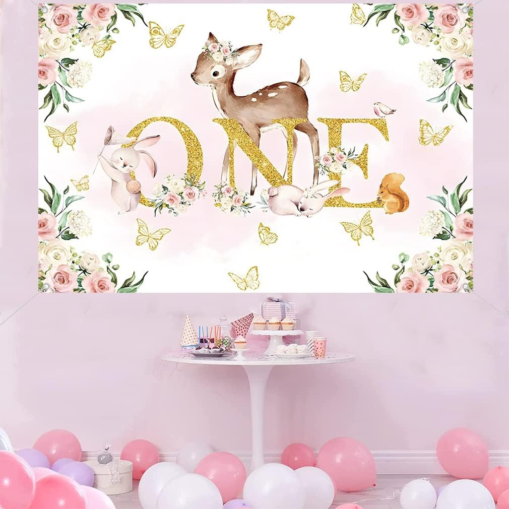 1St Birthday Decorations for Girls Happy 1St Birthday Backdrop Banner Party Happy 1 Year Old Fabric Sign Poster, Floral and Deer Background First Birthday Party Supplies, 150X90Cm image number 4